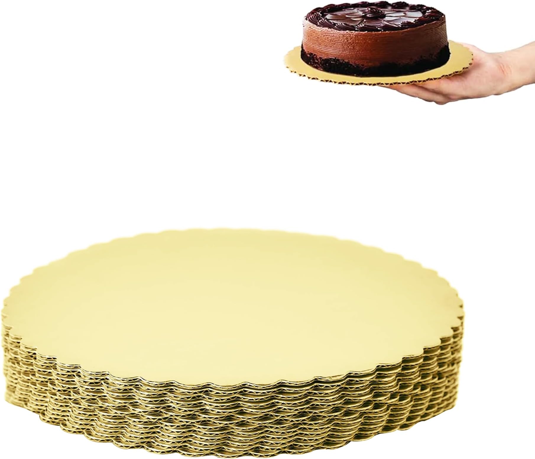 CURATED CART Cake Board Round Cake Boards - MDF Cardboard Disposable Cake Pizza Circle Scalloped Mate Gold Tart Decorating Base Stand (8 Inch Pack of 5 Pcs)