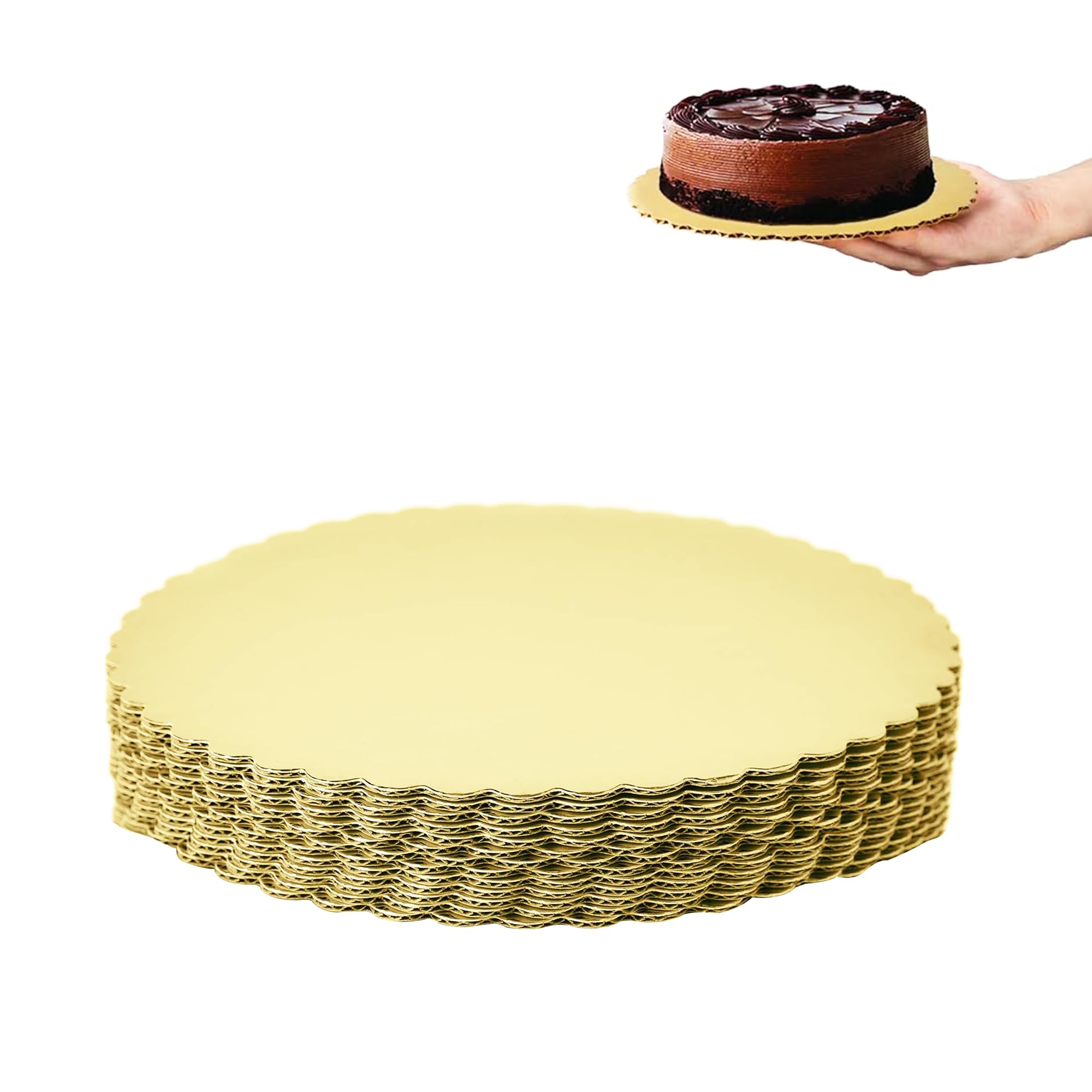 CURATED CART Cake Board Round Cake Boards - MDF Cardboard Disposable Cake Pizza Circle Scalloped Mate Gold Tart Decorating Base Stand (8 Inch Pack of 5 Pcs)