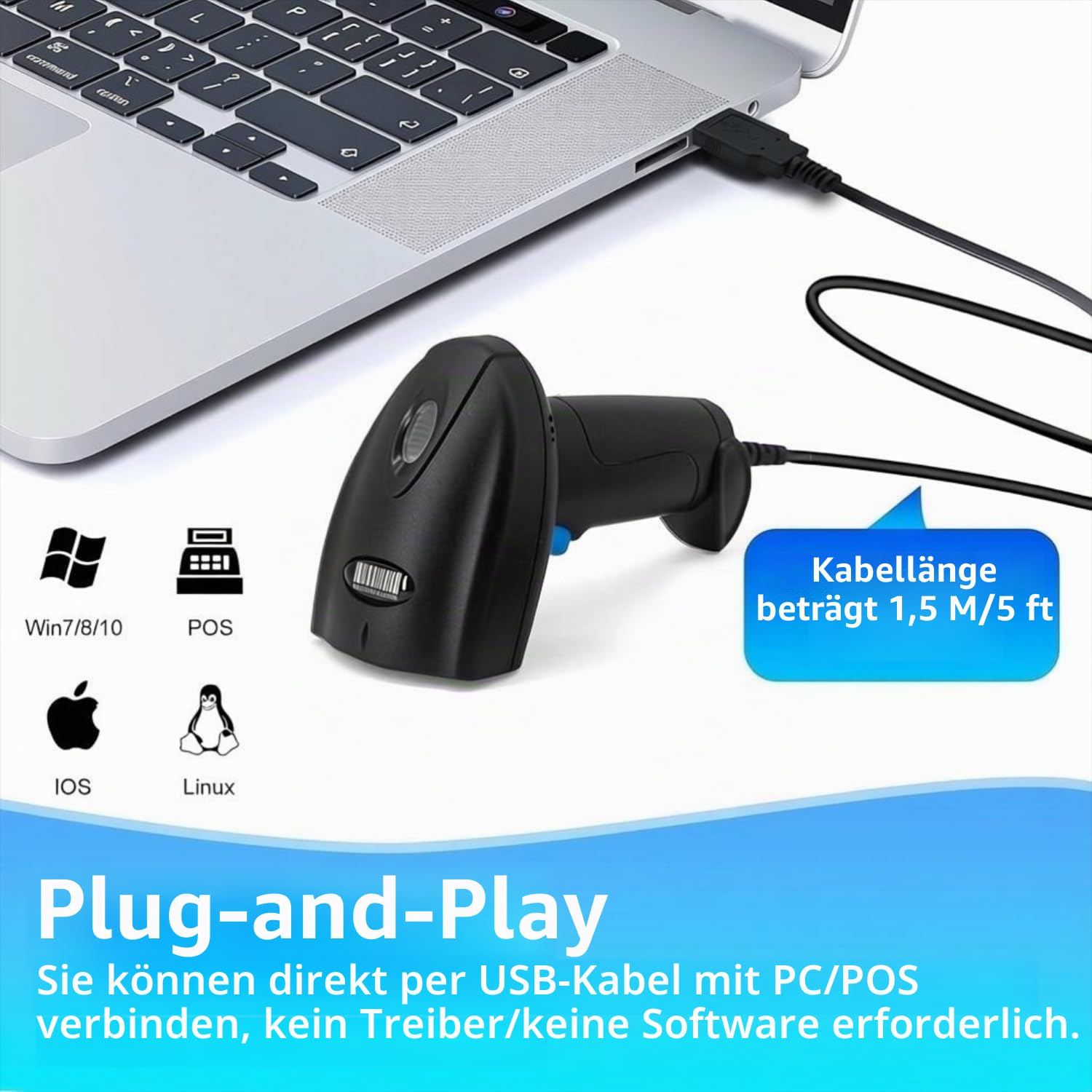 Barcode Scanner USB Kabelgebunden 1D CCD Handscanner mit Bildschirm-Scan, Plug & Play Barcodeleser für PC, Kasse, Supermarkt, Lager und Einzelhandel-U1