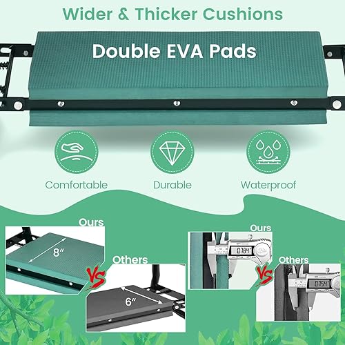 Miniatura 8 de HAPPYGRILL Banco de jardín con bolsa de herramientas, taburete plegable para asiento de jardín, cojín de cojín para patio, jardín y patio