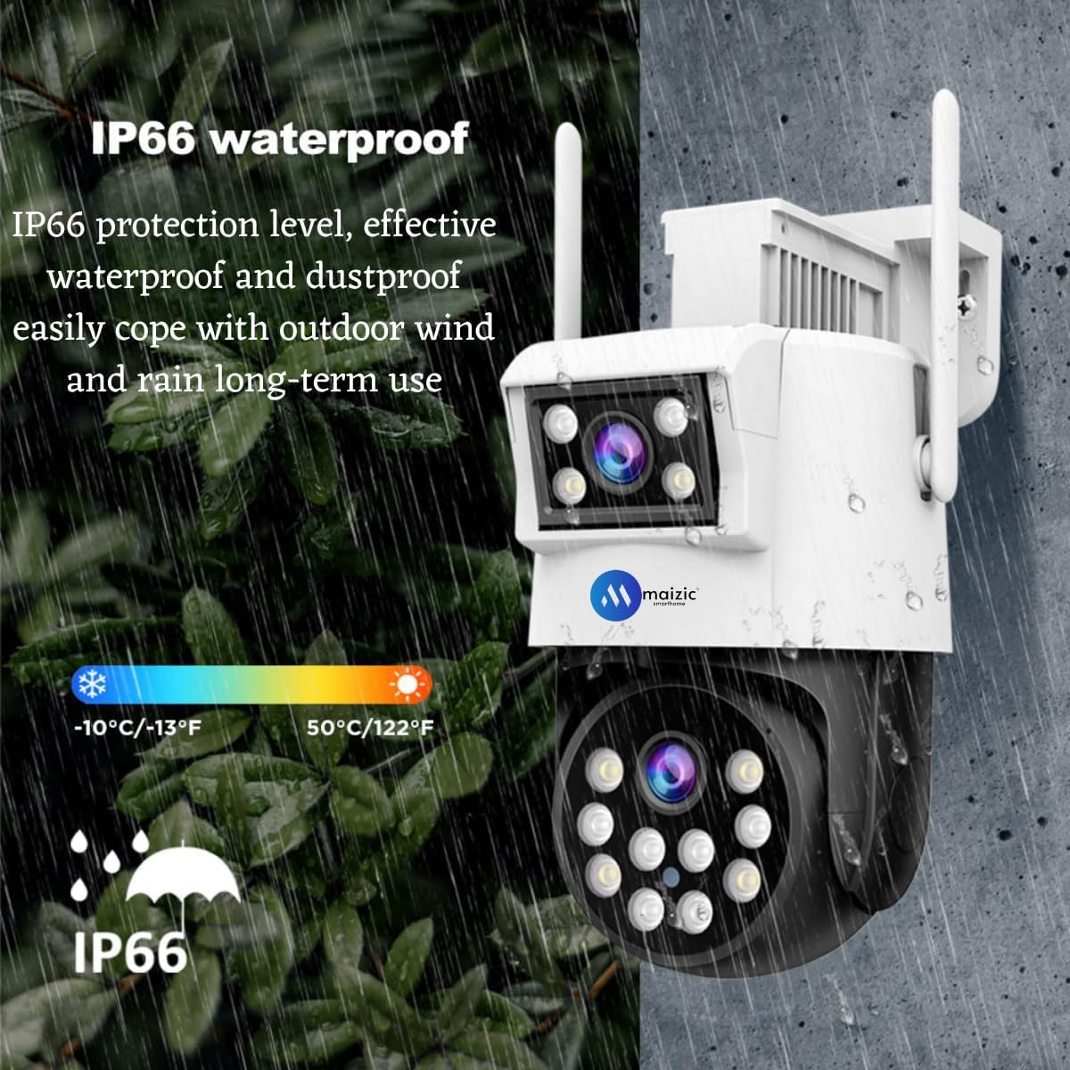 IP66 waterproof rating diagram showing camera in rain and temperature range