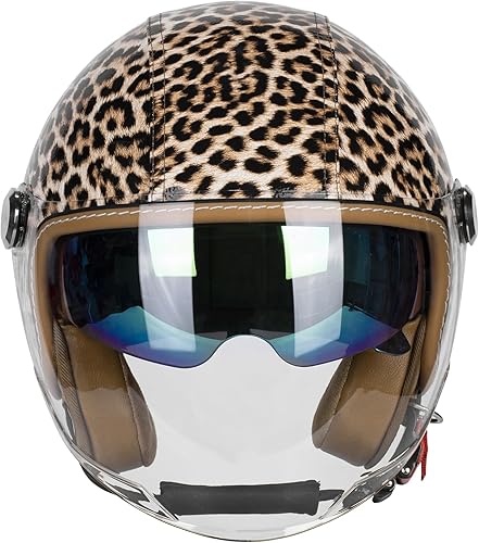 Miniatura 3 de Casco de motocicleta de cuero PU brillante vintage 34, con certificación DOT, con visor doble, casco de cara abierta, casco de media cara para