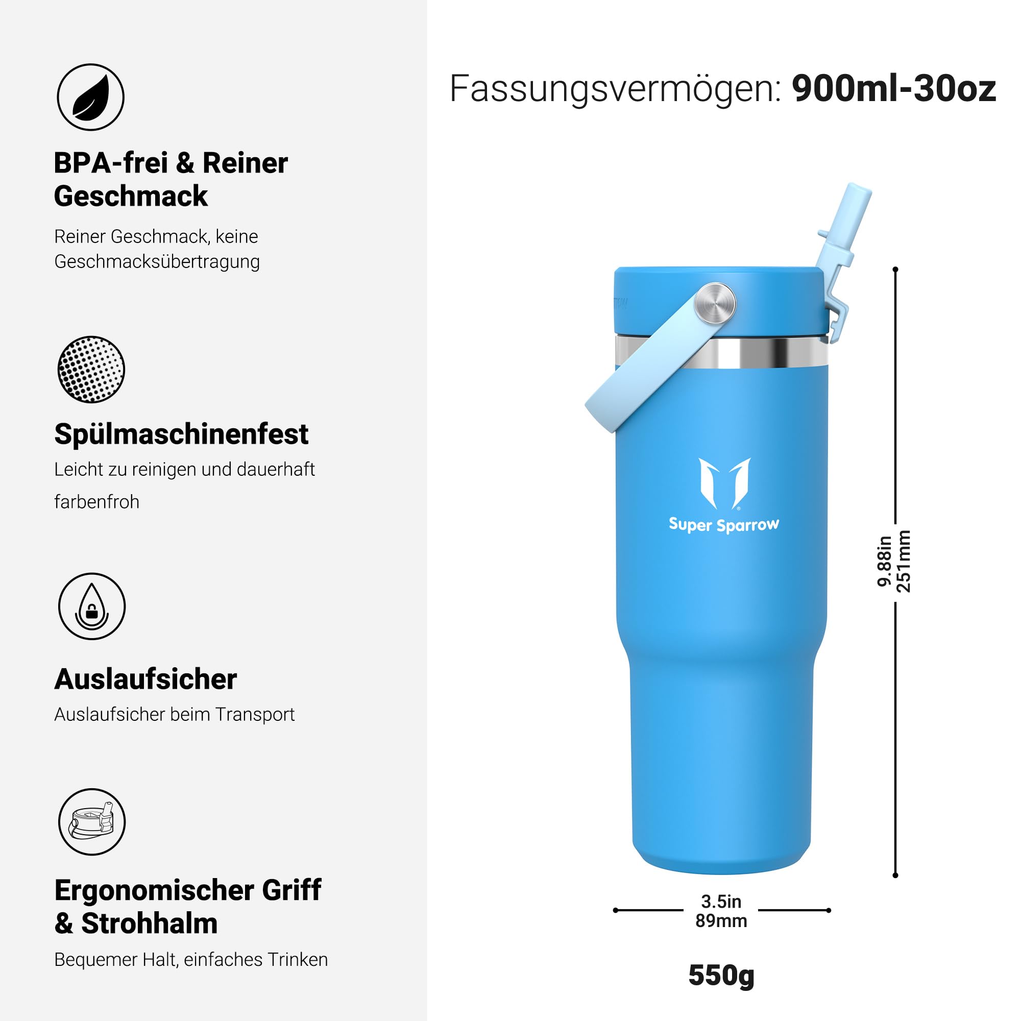Sparrow Trinkflasche Edelstahl - Twistpath Thermosflasche mit Flex-Strohhalmdeckel - 900ml - BPA-frei Thermobecher & Auslaufsichere Thermoskanne - Kompatibel mit gängigen PKW-Getränkehaltern | Isolierbecher Thermosflasche Wasserflasche Autobecher, Auslauf