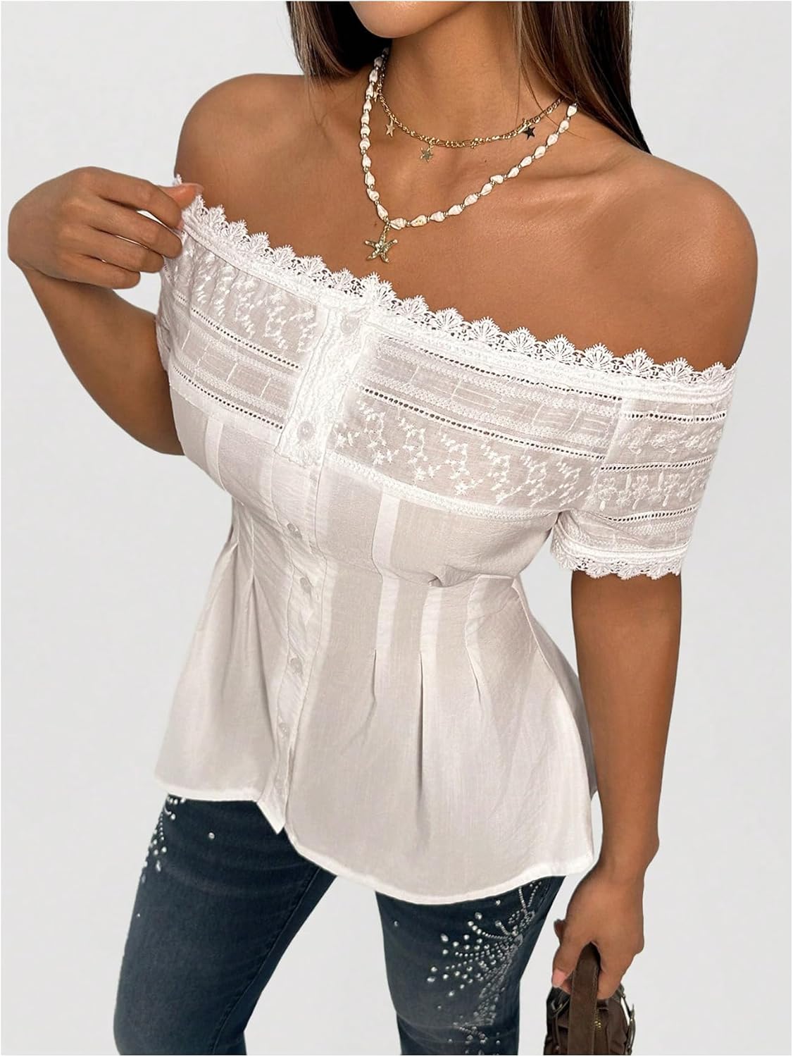 Milumia Women's Off Shoulder Button Down Shirt Elegant Lace Trim Short Sleeve Ruffle Blouses - Image 4