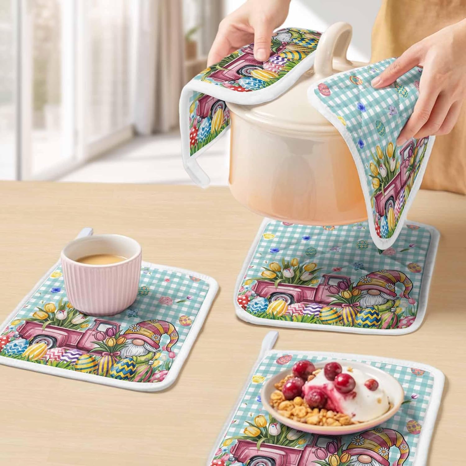 5 Pack Pot Holders for Kitchen, Spring Easter Gnomes Hot Pads for Kitchen Countertops Oven Pot Holder Bulk, Truck Colorful Eggs Botanical Blue Plaid Heat Insulation Potholders with Hanging Loops