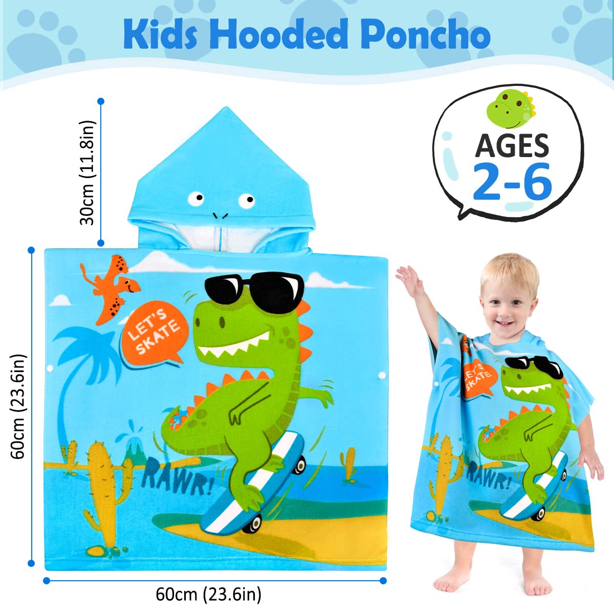 Asciugamano Poncho Mare Bambino Telo Mare con Cappuccio Super Assorbente Asciugatura Rapida Accappatoio a Poncho per Bambini 2-6 anni