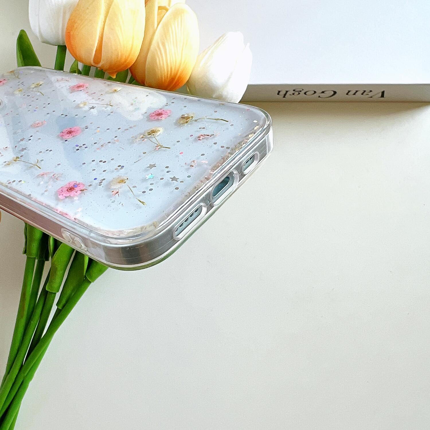 for iPhone 14 Plus/iPhone 15 Plus Clear Case with Real Flowers Design, Glitter Pink Floral Slim Soft TPU Protective Women's Phone Cover - Image 6