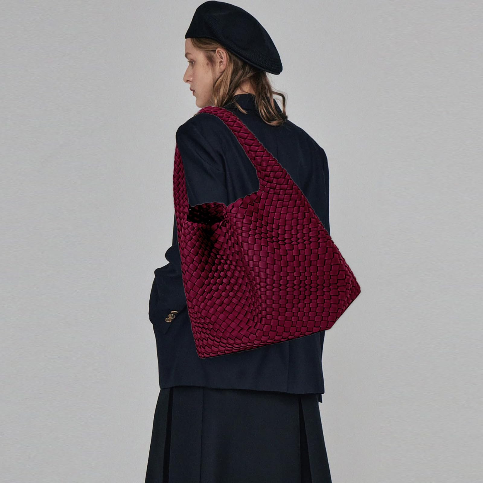 JINMANXUE Woven Purse for Women, Neoprene Top-handle Shoulder Bag, Hobo Tote, Travel Handbag, Wrist Bag For Work Shopping (Ankela Red)