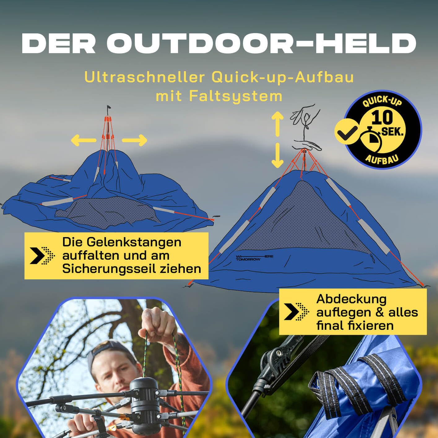 Lumaland Pop Up Camping Zelt | 2-3 Personen Kuppelzelt 215 x 195 x 120 cm| 4 Jahreszeiten Igluzelt | Outdoor Trekking & Festival Wurfzelt | Leicht, Wasserdicht & Robust | Aufbau simpel, schnell