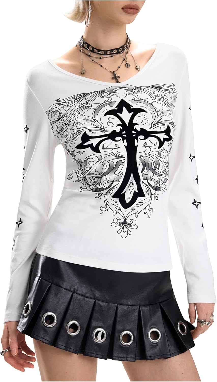 WDIRARA Women's Gothic Cross Graphic T Shirts V Neck Long Sleeve Tee Top Streetwear