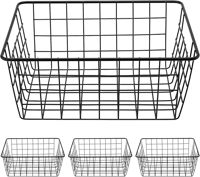 PINGEUI 4 PCS Black Metal Wire Baskets, Wire Organiser Storage Baskets with Handles, Metal Wire Basket Organiser for Kitchen Cabinet, Pantry, Closet, Bedroom, Bathroom, 28 x 22 x 12cm
