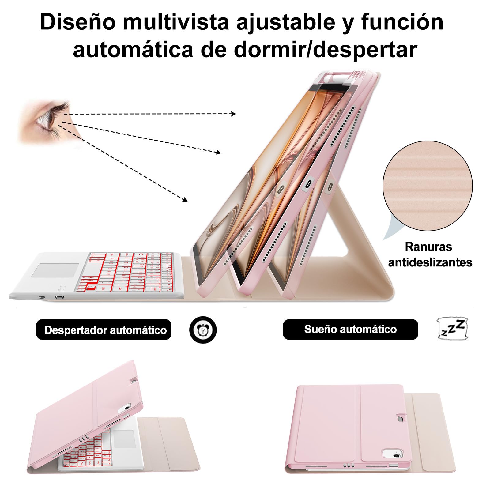 IVEOPPE Teclado para iPad Air 13 Pulgadas M4 2026/M3 2025/M2 2024 con Touchpad, Funda Cover Keyboard Retroiluminado de 7 Colores Español Ñ Bluetooth Desmontable para iPad Pro 12.9 3-6 Gen, Rosa