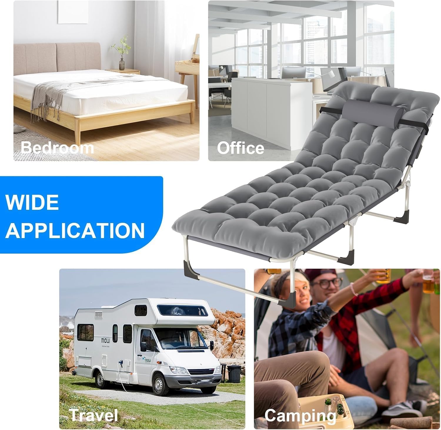 Leo IRis Portable Folding Camping Cot, Oversize Adjustable 5-Position Adults Reclining Lounge Chairs with Pillow, Heavy Duty Oxford Cloth 600D with Mattress (Gray - Upgrade Bed (with Mat))