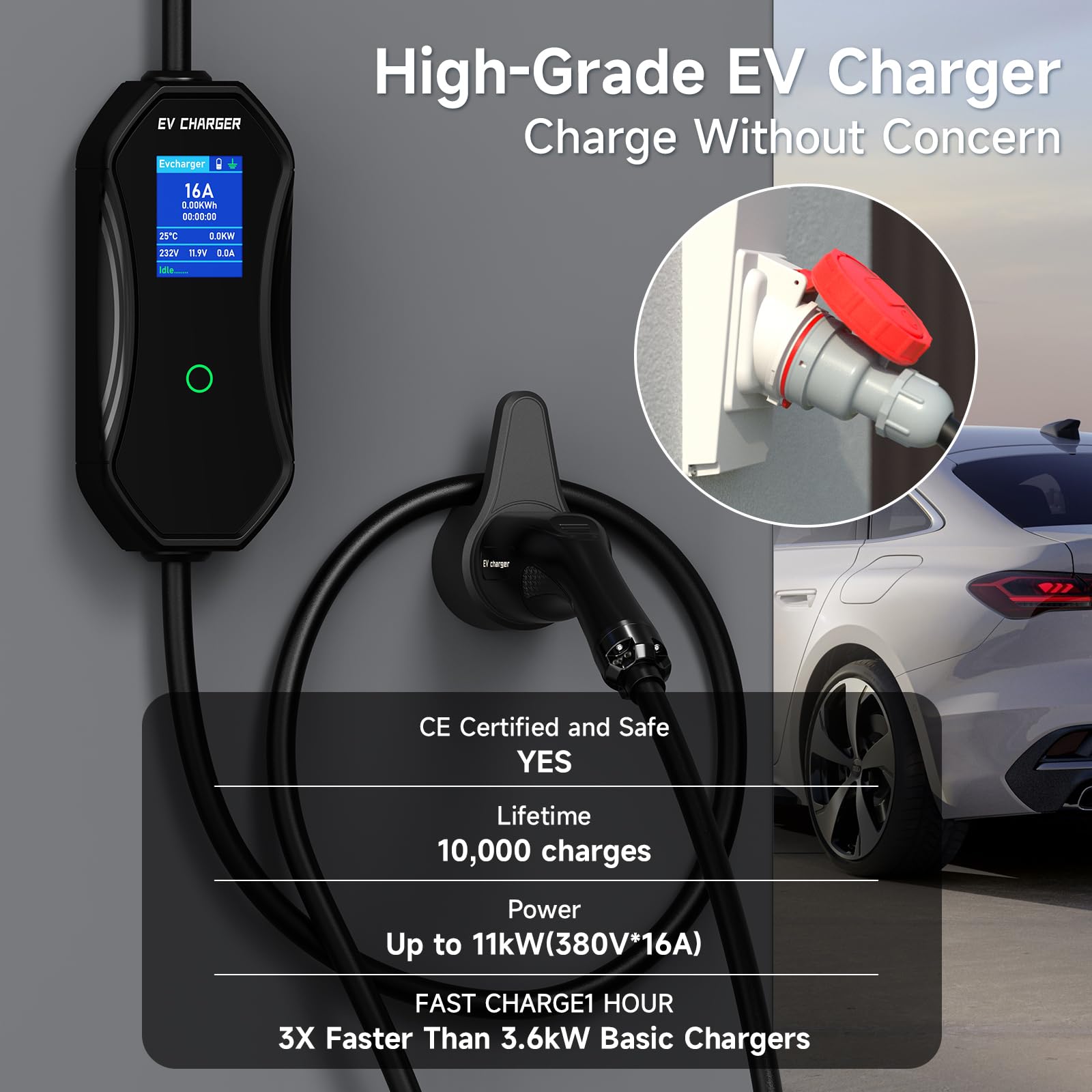 EV Ładowarka CEE 11 kW, 3-fazowa, 6 m, 8-16 A dé ładowarka EV Typ 2, mobilna stacja ładująca/Wallbox kabel ładujący typ 2 z cyfrowym sterowaniem LCD dla ID.5, Model Y/3, E-Up, E-Tron i innych