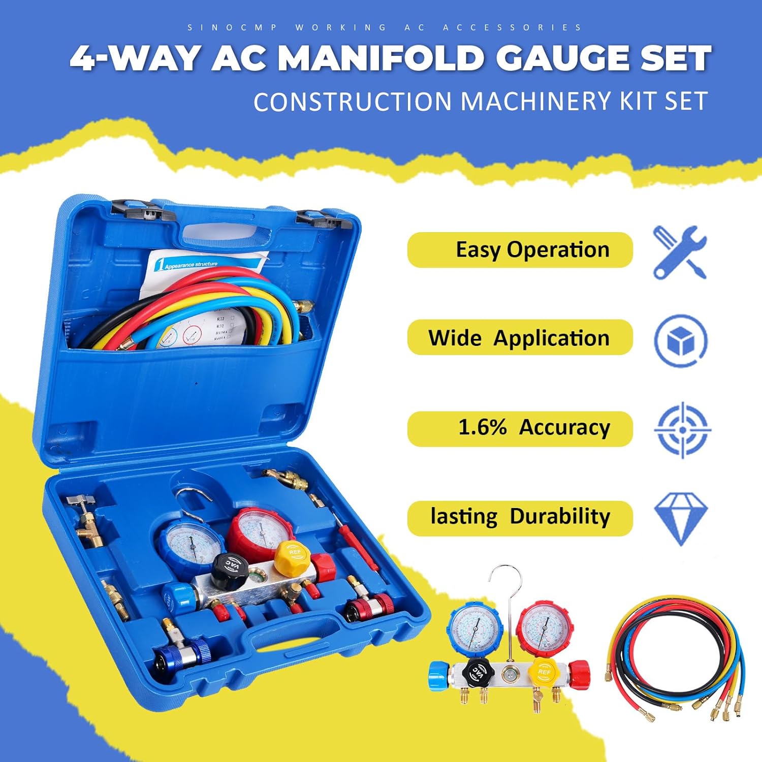 SINOCMP 4-Way Valve AC Manifold Gauge Set Kit, 4CFM Single Stage 110V 1/3 HP HVAC Vacuum Pump with Leak Detector for R134a R410a R12 R22 Air Conditioning Refrigeration Recharging