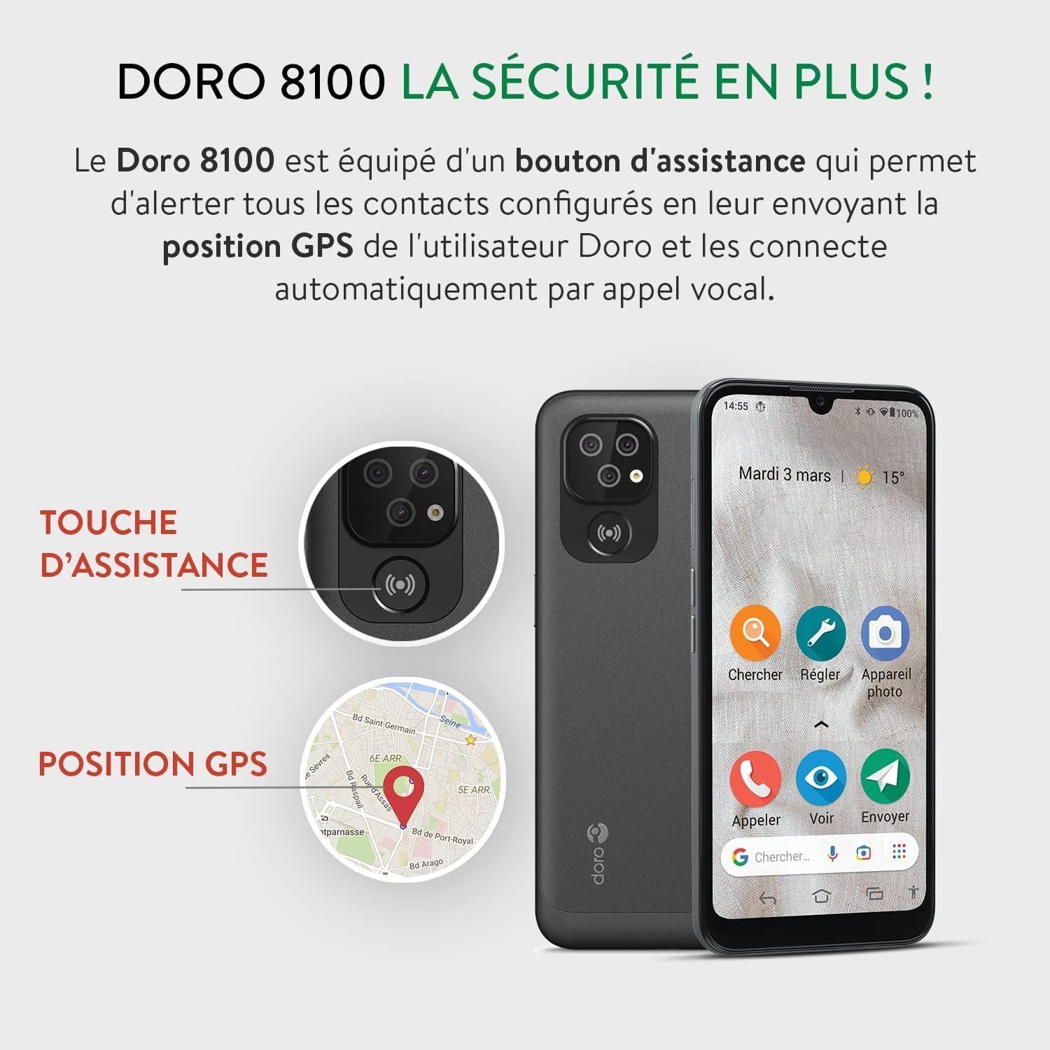 DORO - Teléfono 8100 4G, fácil de usar, tecla de asistencia GPS, compatible con audífonos, triple cámara, cable USB incluido, negro