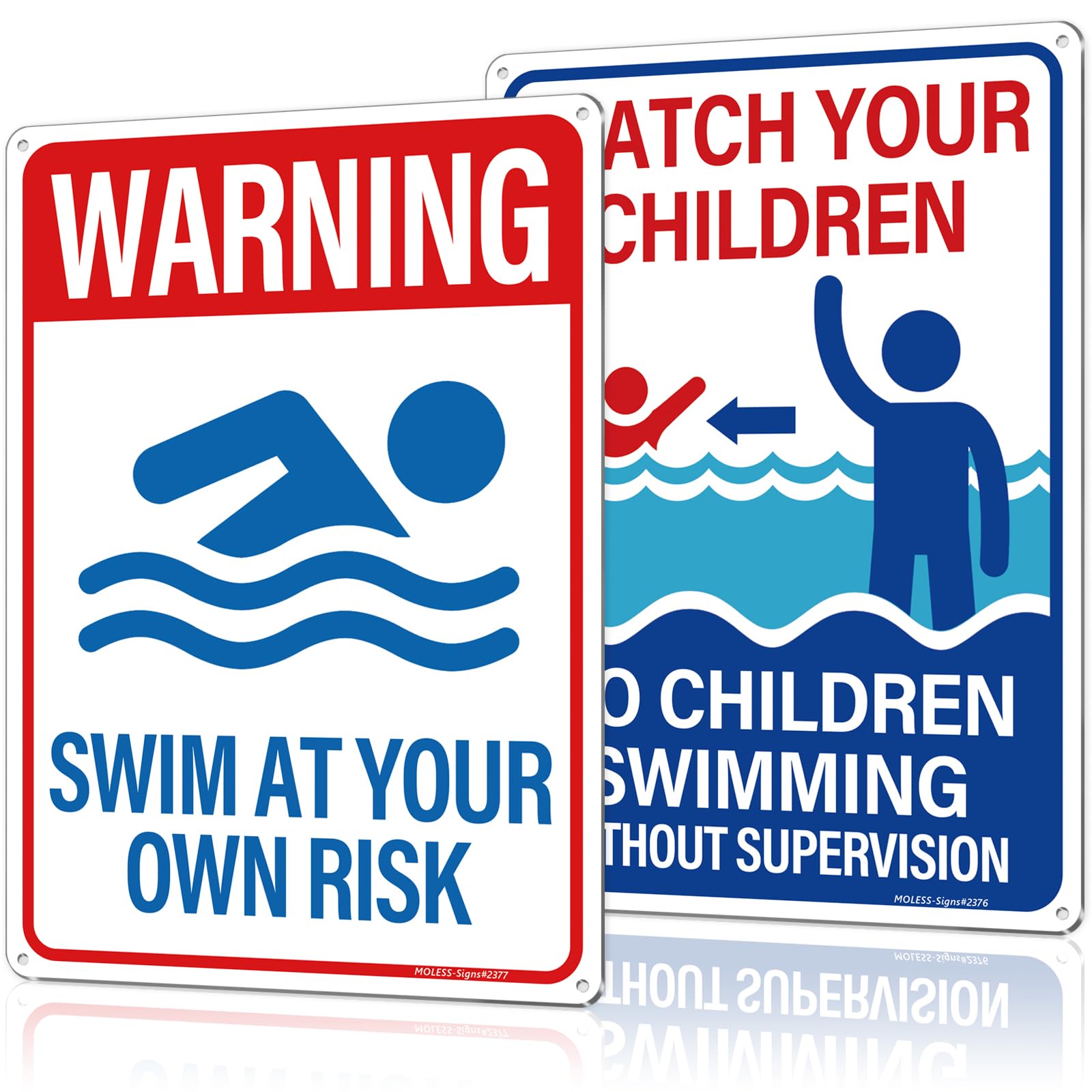 MOLESS 2 Pack Pool Safety Signs Bundle – 14x10 Inch Pool Signs for Outside Outdoor Decor, Watch Your Children & Swim at Your Own Risk, Durable 0.040
