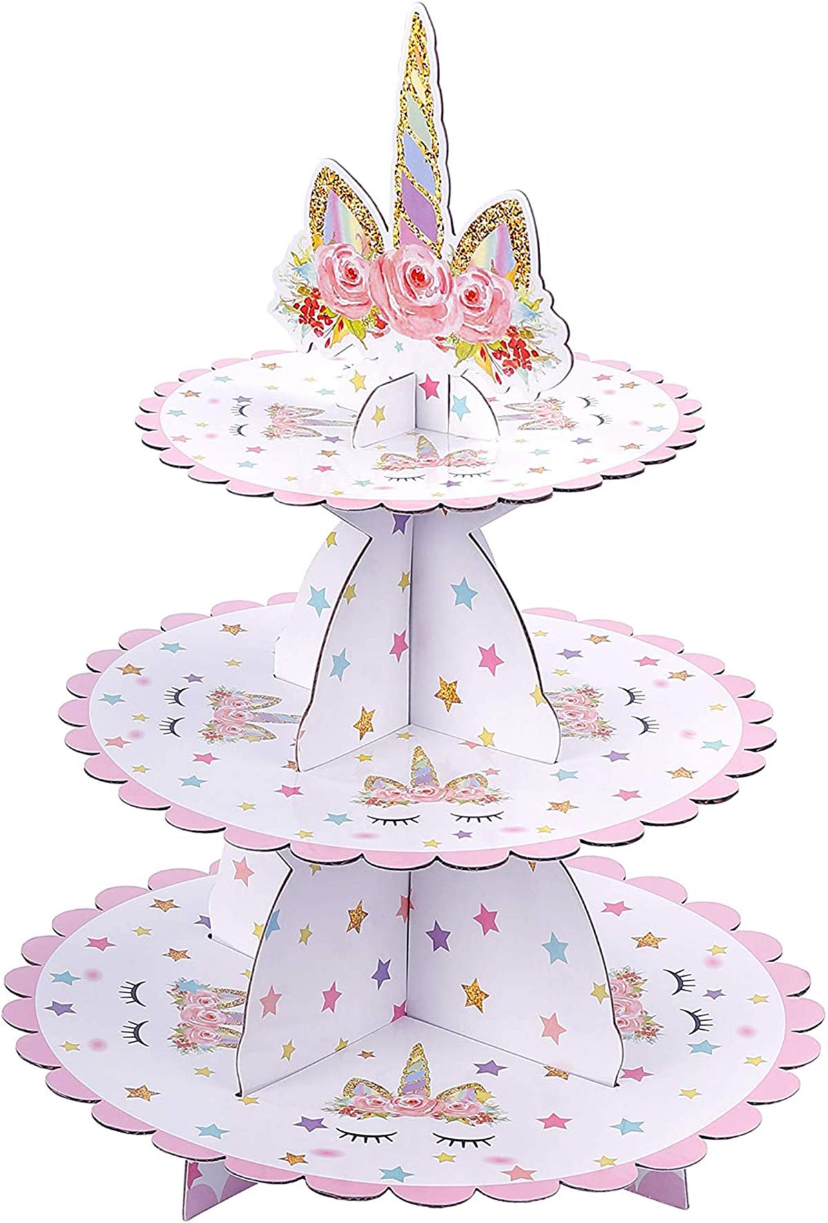 1Pack Unicorn Cardboard Cupcake Stand 3 Tier Cupcake Holder Stand Dessert Tower for Unicorn Party, Birthday
