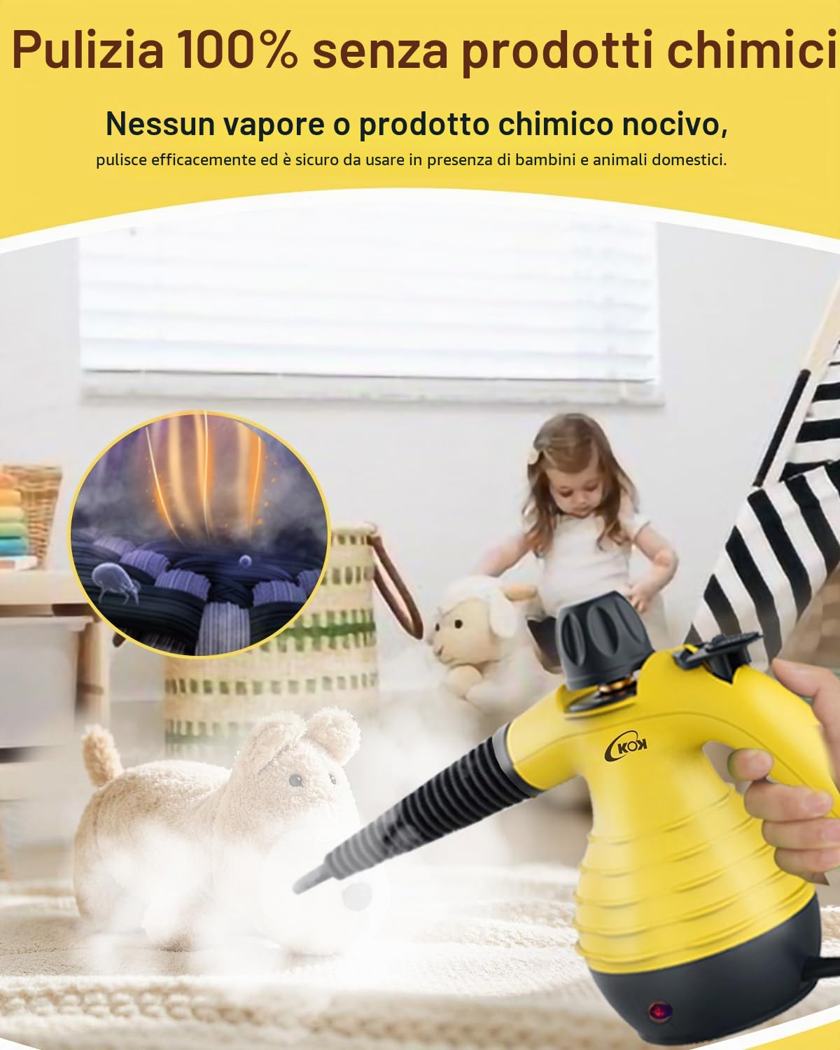 KOK Pulitore a vapore portatile, Pistola a Vapore, pulitore a vapore multiuso ad alta temperatura con 10 accessori, per cucina, bagno, pavimenti, interni auto, pulizia senza sostanze chimiche