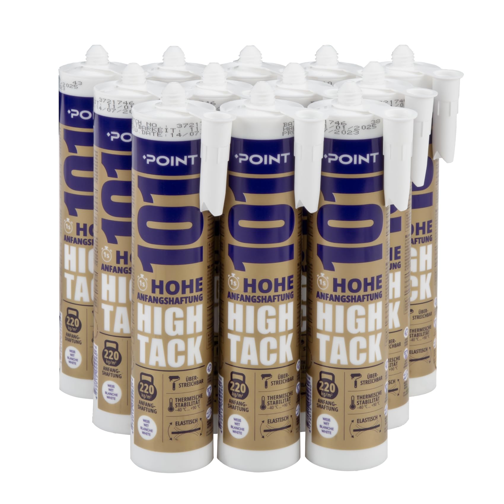 POINT HIGH TACK Colle de montage pour éléments de construction très lourds Colle hybride MS Polymère Colle hybride pour intérieur et extérieur Imperméable Haute élasticité 290 ml (12 cartouches, Blanc