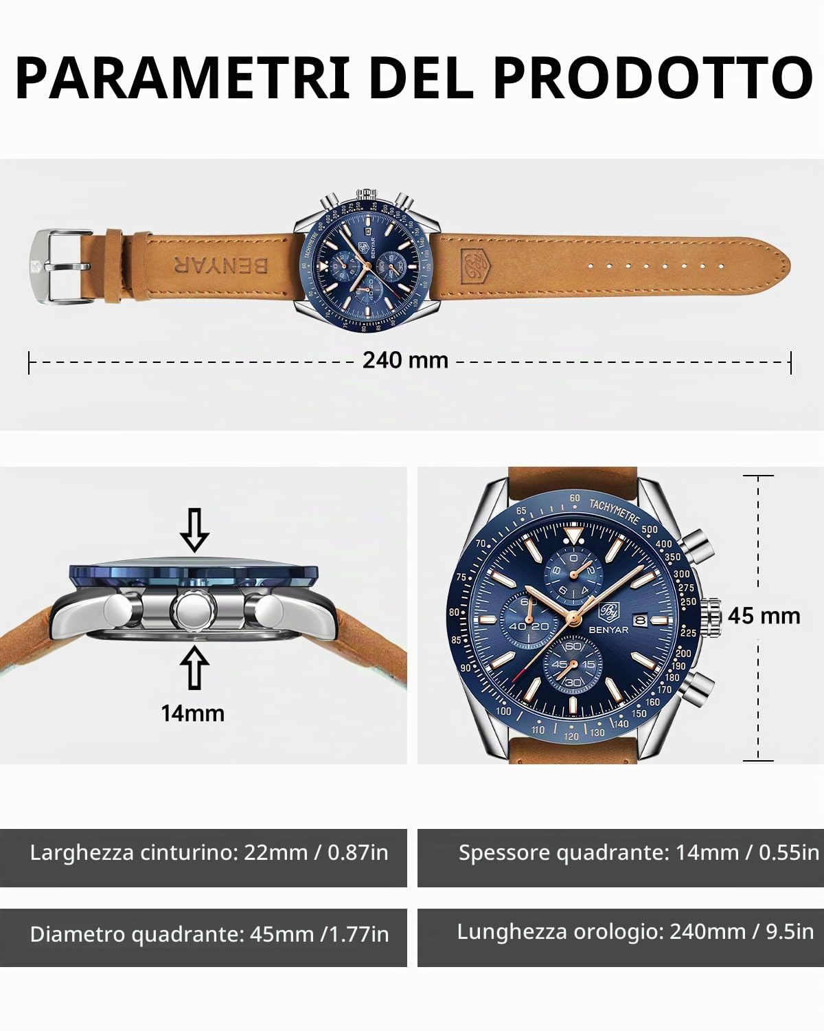 BENYAR BY Orologi Uomo Cronografo Movimento al Quarzo Orologio Elegante Sportivo di Moda Business orologi uomo 30 M Impermeabile e Antigraffio Regalo da Uomo