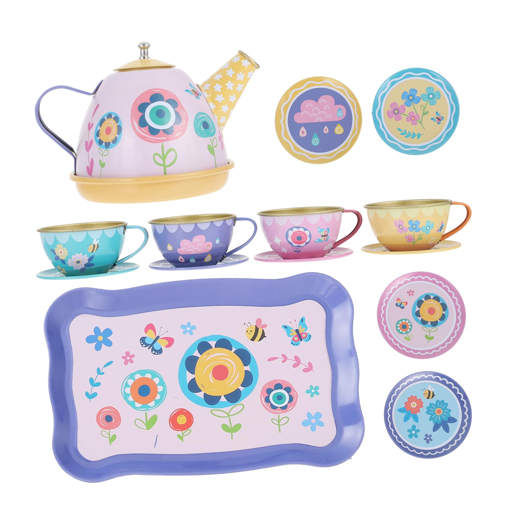Toyvian Pretend Tin Teapot Set for Garden Play Simulation Tea Set including Bright Colors Cognitive Development Plaything for Boys