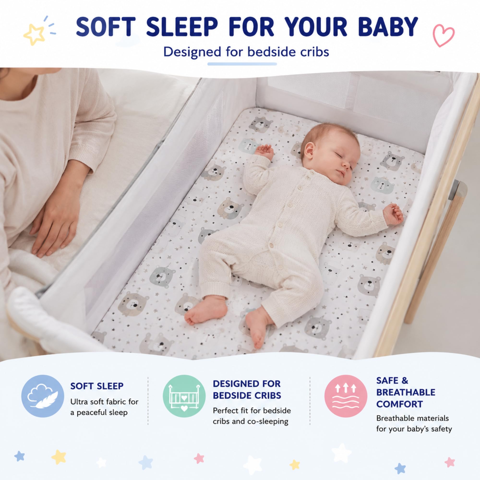 FlyIdeas Lot de 3 Draps Housse Bébé en Coton Doux - 2 Draps Housse Élastiqués + 1 Alèse Imperméable - Linge de Lit pour Berceau et Matelas (Cute Bears, 90x55 cm)