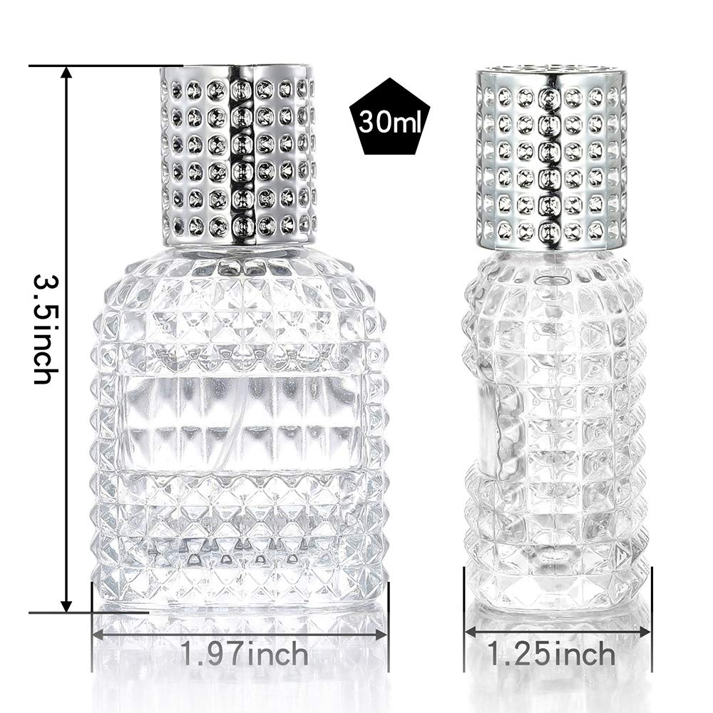 2 Pack 30ml 50ml Clear Empty Glass Spray Bottles，Refillable Empty Atomizer Perfume Bottles，Atomizer Spray Bottle With 4 Free kinds of perfume dispenser (50ml Silver cap and 30ml Silver cap)