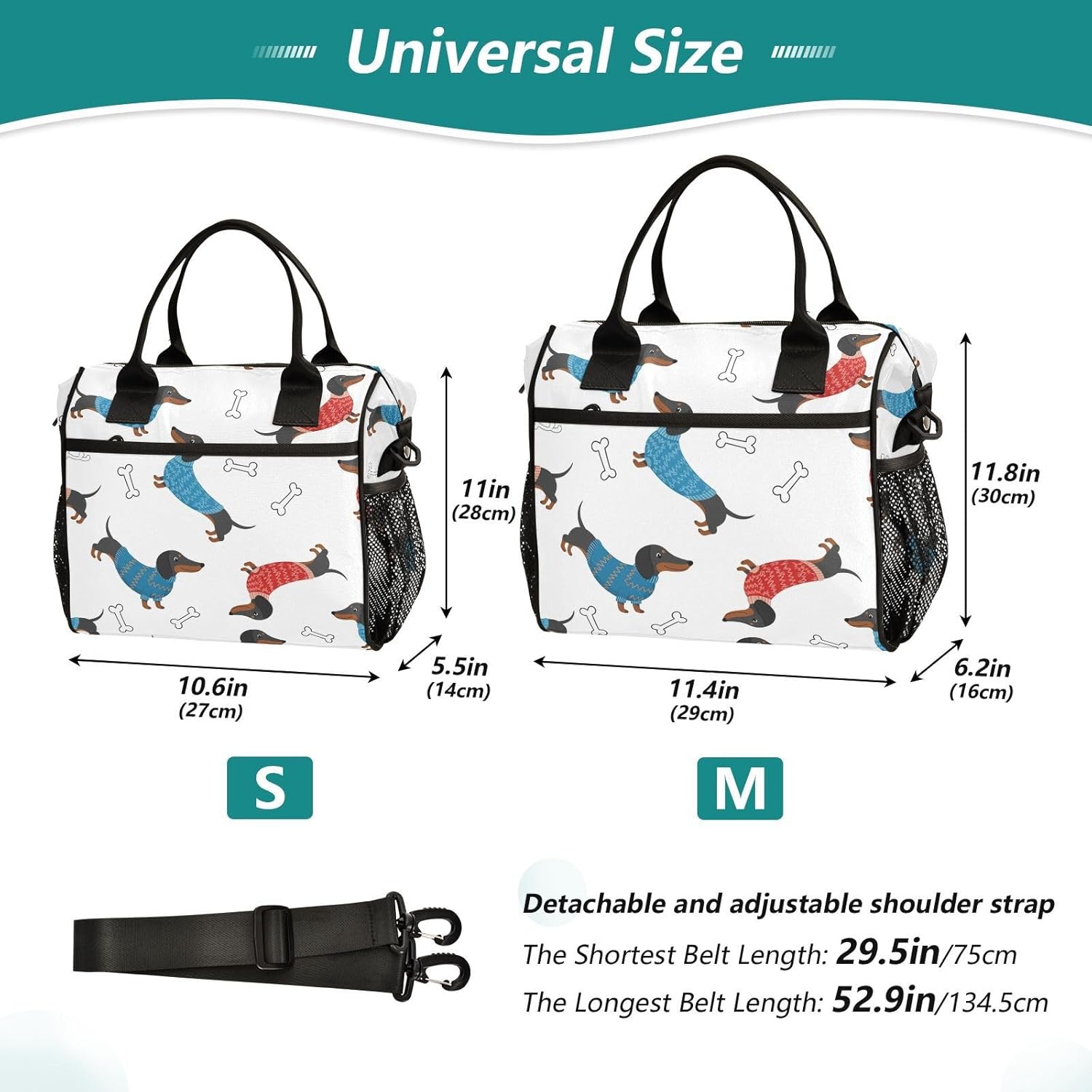 DOMIKING Dogs White Dachshund Lunch Bag for Women Men Reusable Insulated Lunch Box for Adult Kids Water-Resistant Lunchbox Cooler Bags with Adjustable Strap for Office Travel Work Picnic