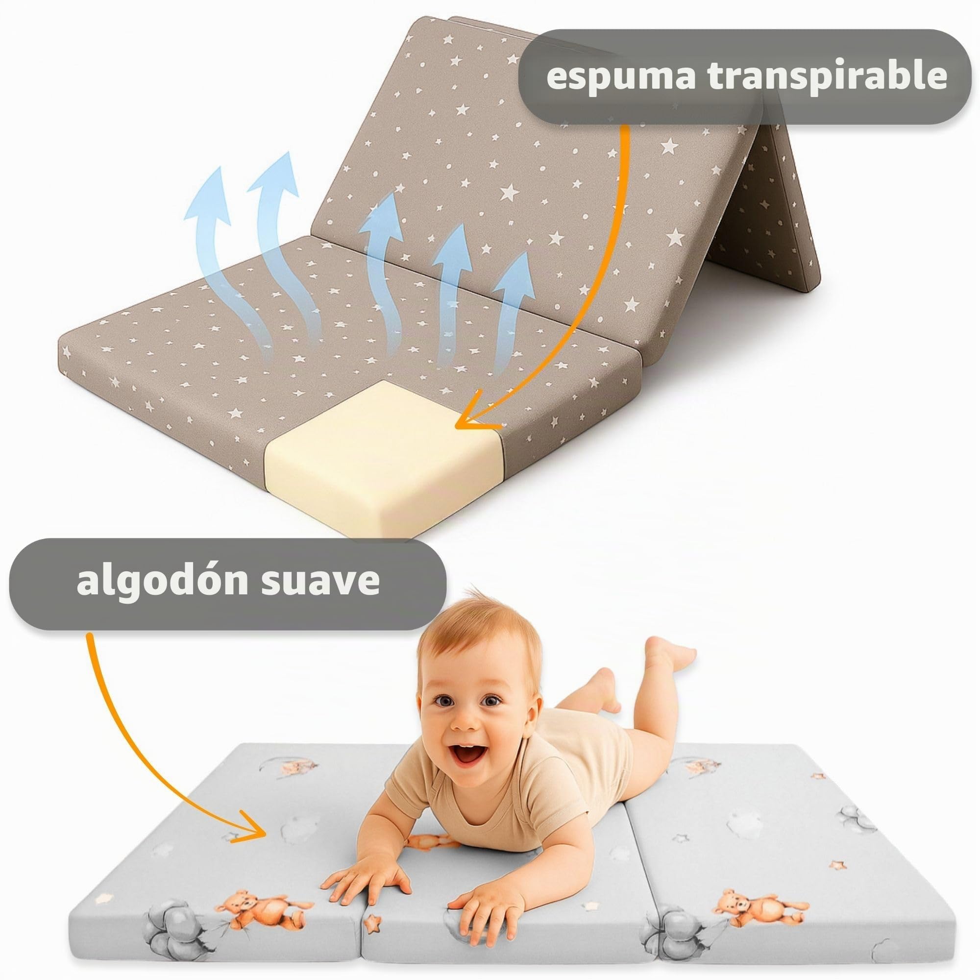 Colchón Cuna 60x120 cm plegable para cuna de viaje – Funda desenfundable lavable en lavadora a 30 grados & bolsa incluida – Colchón Bebé Infantil en espuma firme Beige con estrellas blancas
