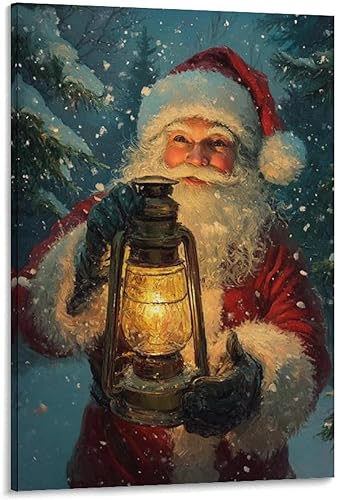 Arte De Pared Vintage De Papá Noel, Papá Noel Sosteniendo Linterna En Póster De Tormenta De Nieve, Póster De Lienzo Tradicional De Invierno Para