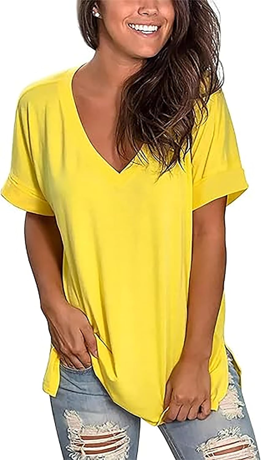 Sampeel Women's V Neck T Shirts Casual Rolled Short Sleeve Side Split Summer Tops Loose Fit