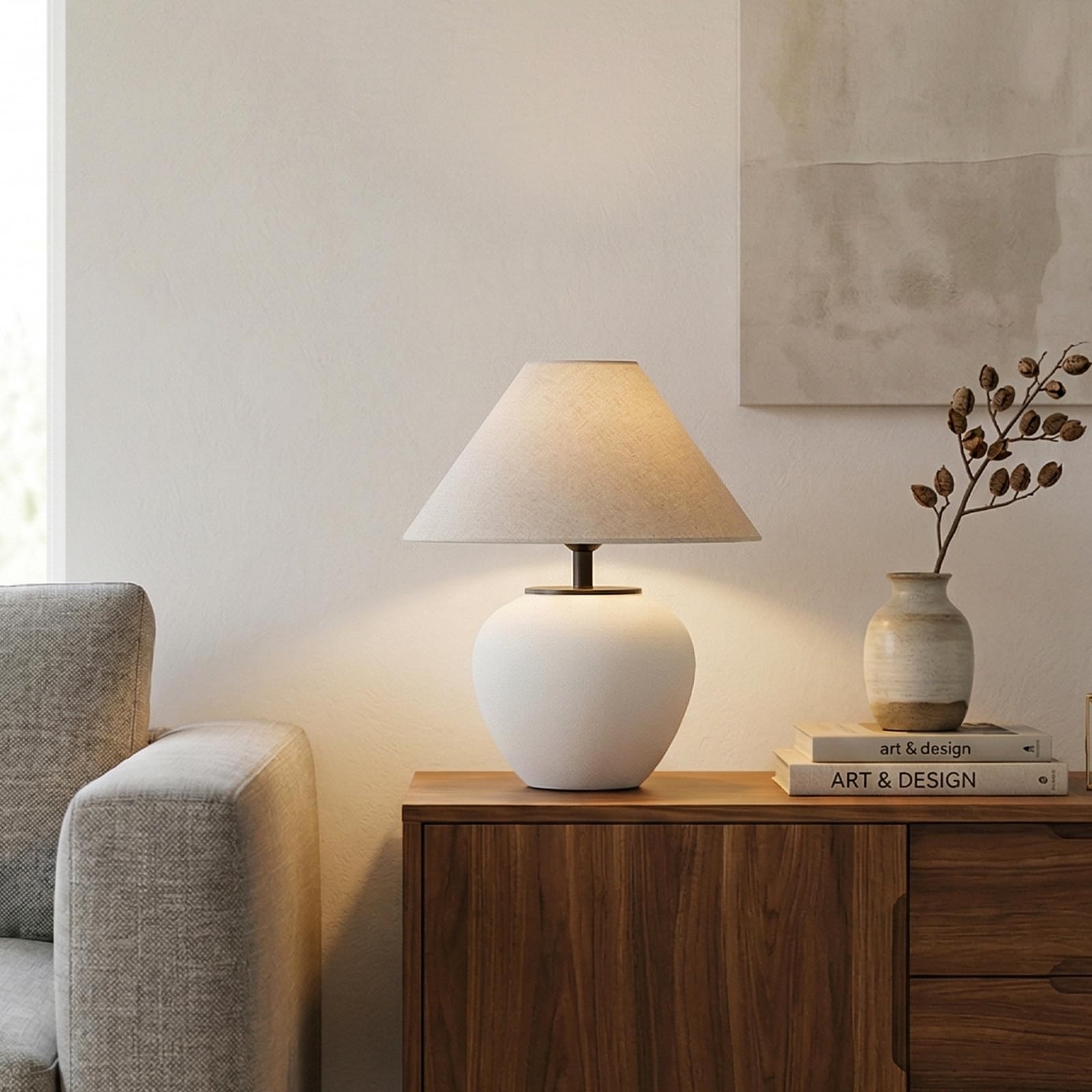 Rustikale schwarze Tischlampe, Wabi-Sabi-Bauernhaus-Tischlampe, handgefertigte Vintage-Keramik-Schreibtischlampe mit Leinenschirm, Nachttischlampe für Wohnzimmer, Schlafzimmer, Büro (weiß)