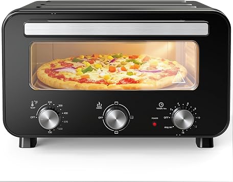 NEWBULIG Electric Pizza Oven Indoor Countertop, Makes 12.6-Inch Pizzas in Minutes, Heats up to 750F Pizza Maker, Large Viewing Window, Interior Light, with Stone & Peel, Mechanical Control Knob