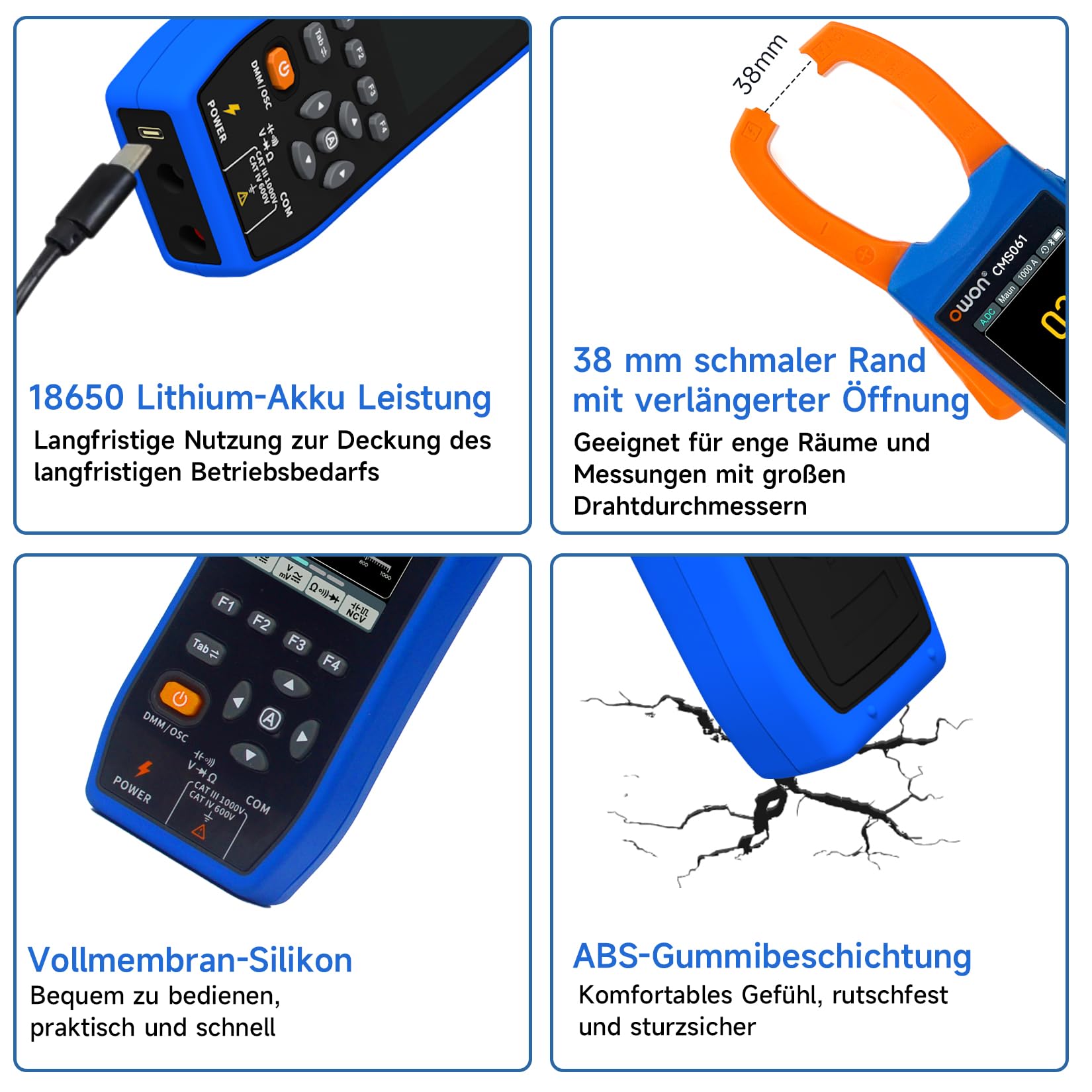OWON CMS061 AC/DC Stromzange 600A, Schreiberfunktion, Oszilloskopfunktion 3 in 1, 20000 Count True RMS Auto-ranging, Alarmfunktion, NCV Funktion, Bluetooth Stromzange für Elektrofahrzeuge