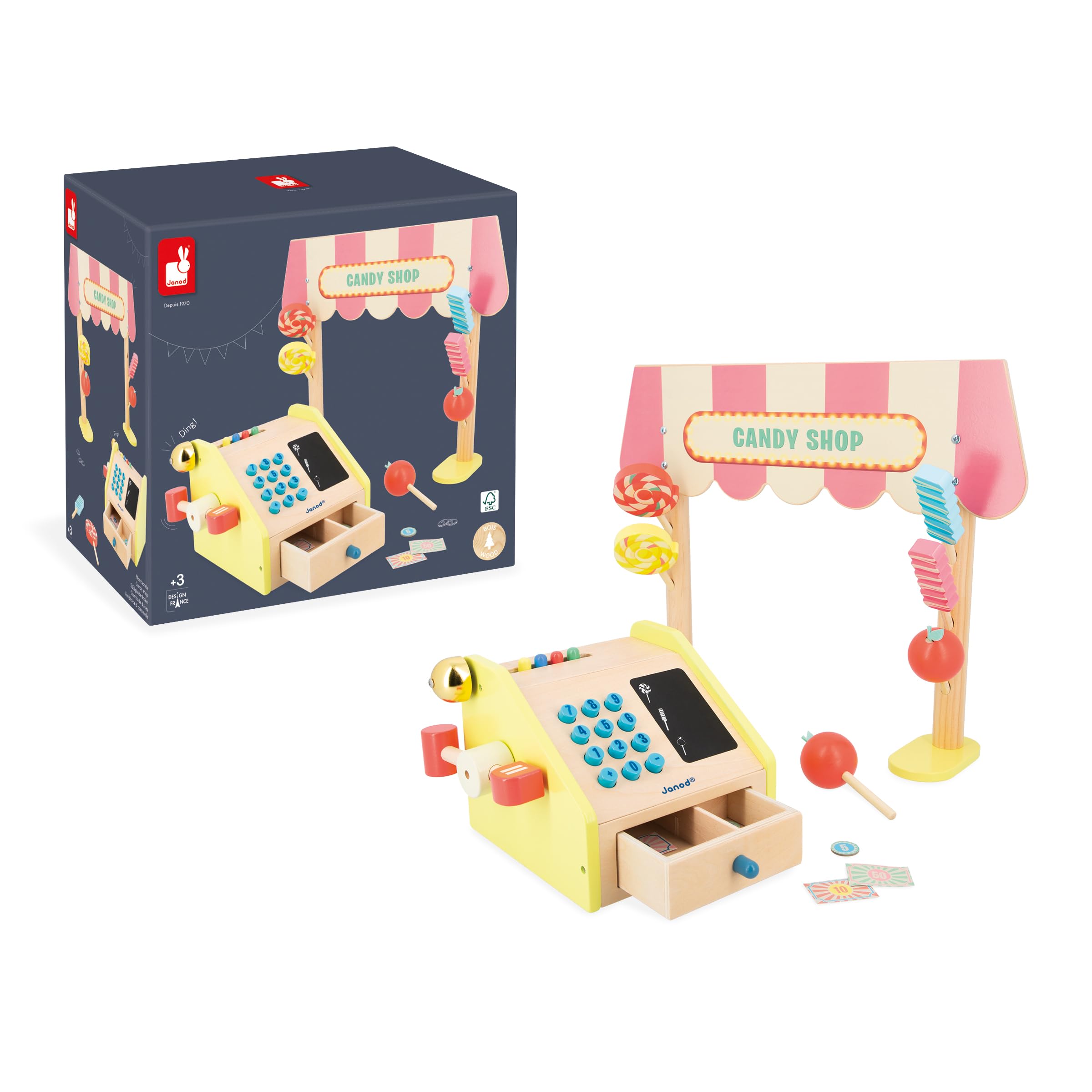 Janod - Tienda Infantil Applepop - Juego de Imitación con Caja Registradora - 19 Accesorios - Estimula la imaginación - Juguete de Madera FSC - Pintura al Agua - A Partir de 3 Años, J03350