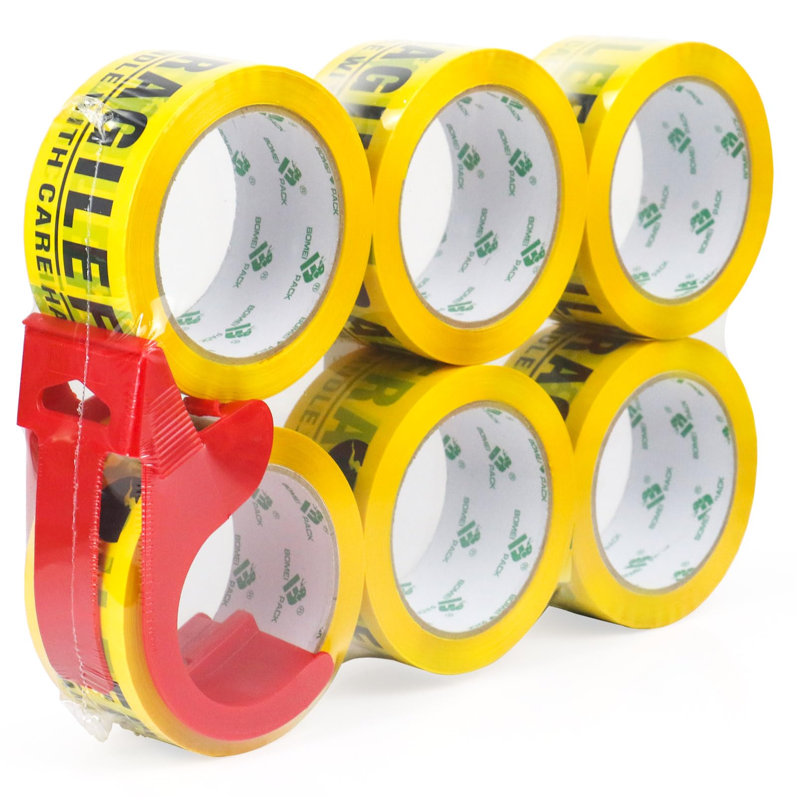 BOMEI PACK FRAGILE Jaune Ruban d’emballage sécurité 66m x 48mm–6 rouleaux avec dévidoir Adhésif fort pour colis, entrepôt, e-commerce