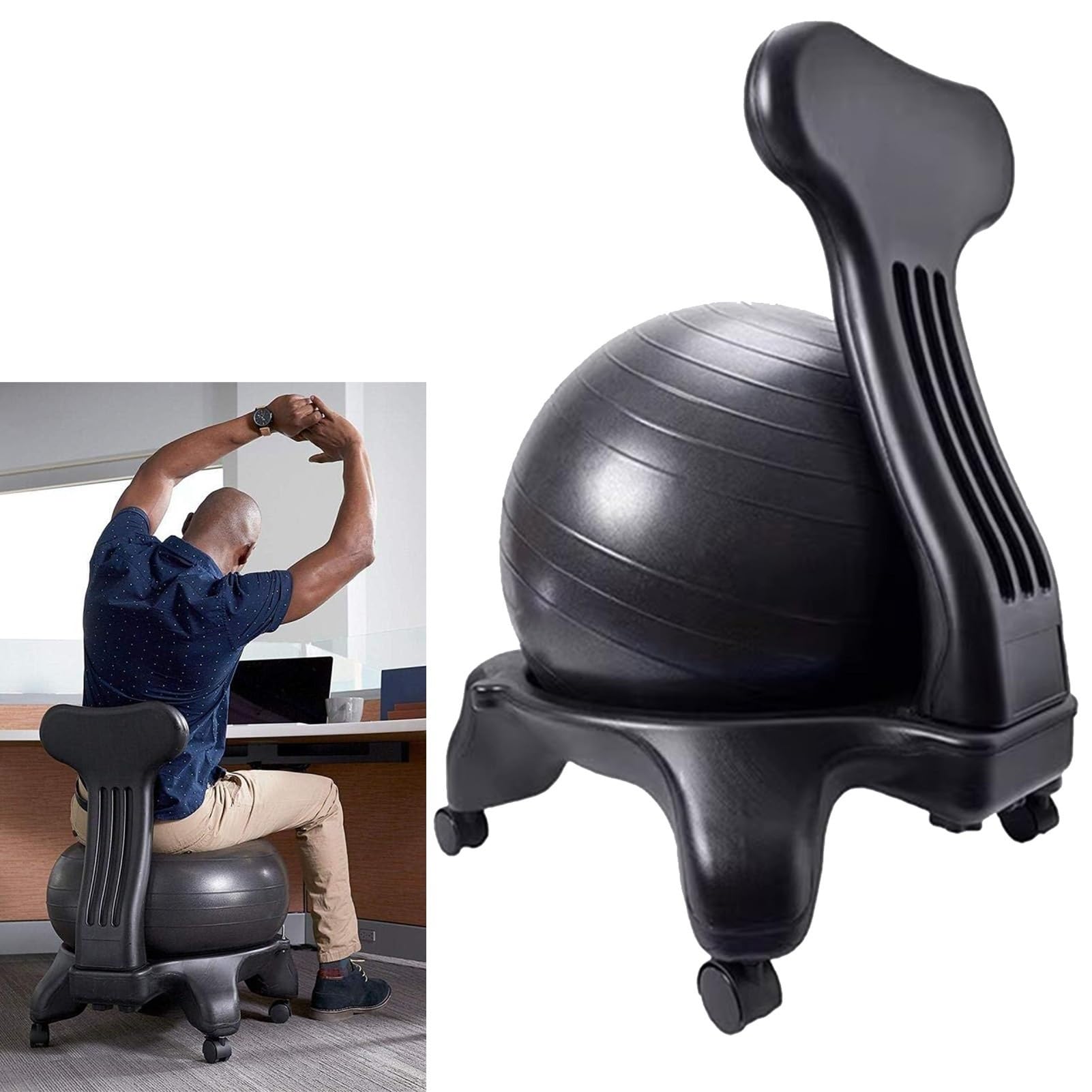 Balance Ball Stuhl Ergonomischer Bürostuhl Yoga-Ballstuhl Schwarz, Gleichgewichtsball-Haltungsstuhl für Erwachsene und Jugendliche mit Fußpumpe, Heimgymnastik-Gymnastikballstuhl, Rollhocker