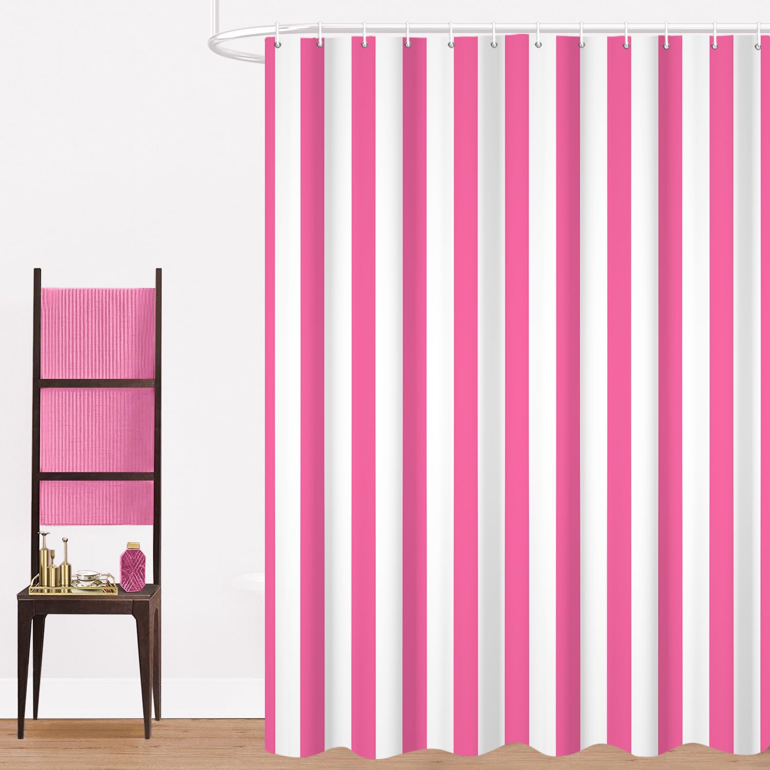 GCIREC Shower Curtain, 180x200cm, Pink and White Modern Minimalism Vertical Stripes Waterproof Fabric Machine Washable Bathroom Curtain with Hooks