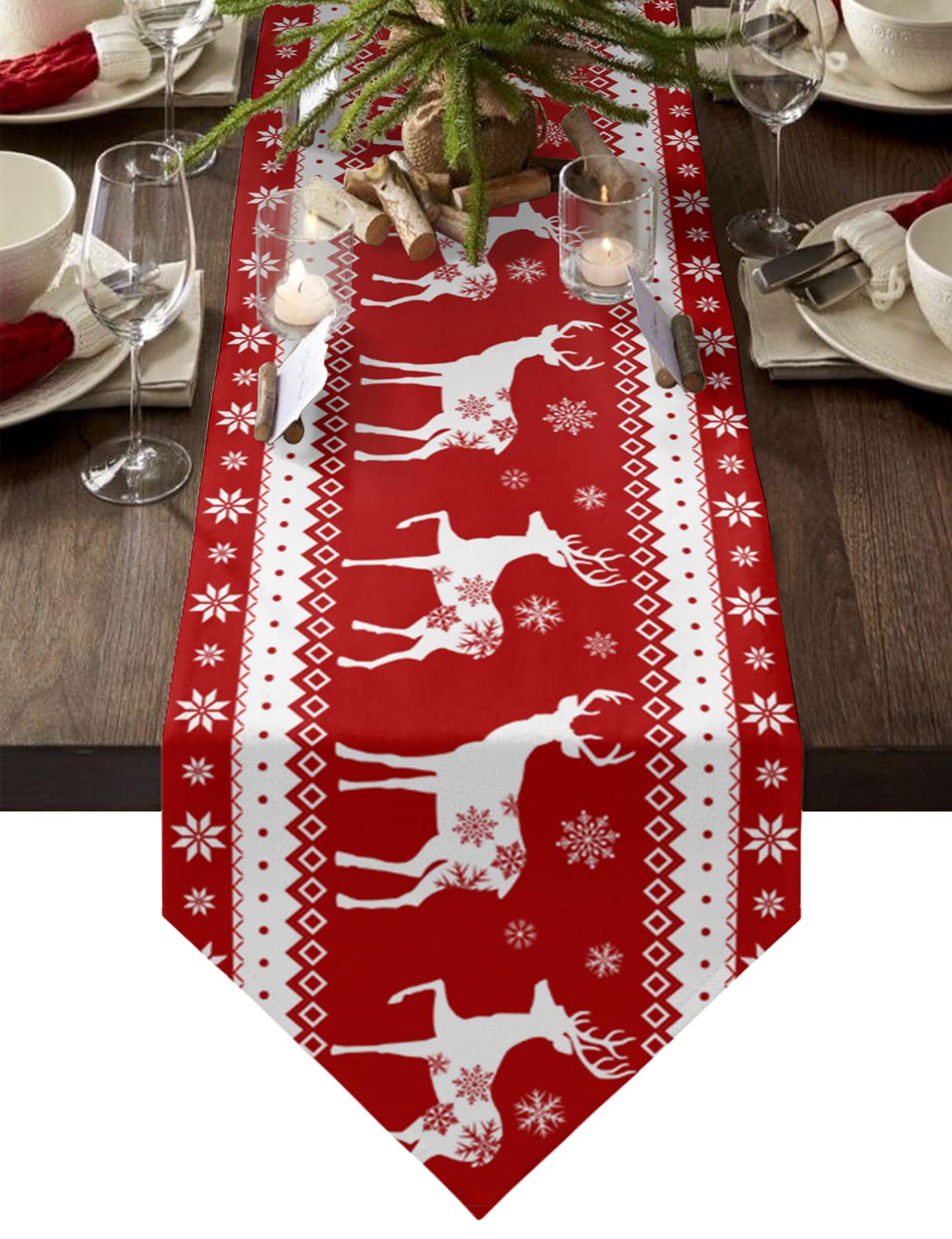 Linen Burlap Table Runner Merry Christmas Elegant Red Snowflake Elk Winter Red Background Kitchen Table Runner for Birthday Wedding Baby Shower Home Dining Table Decor,