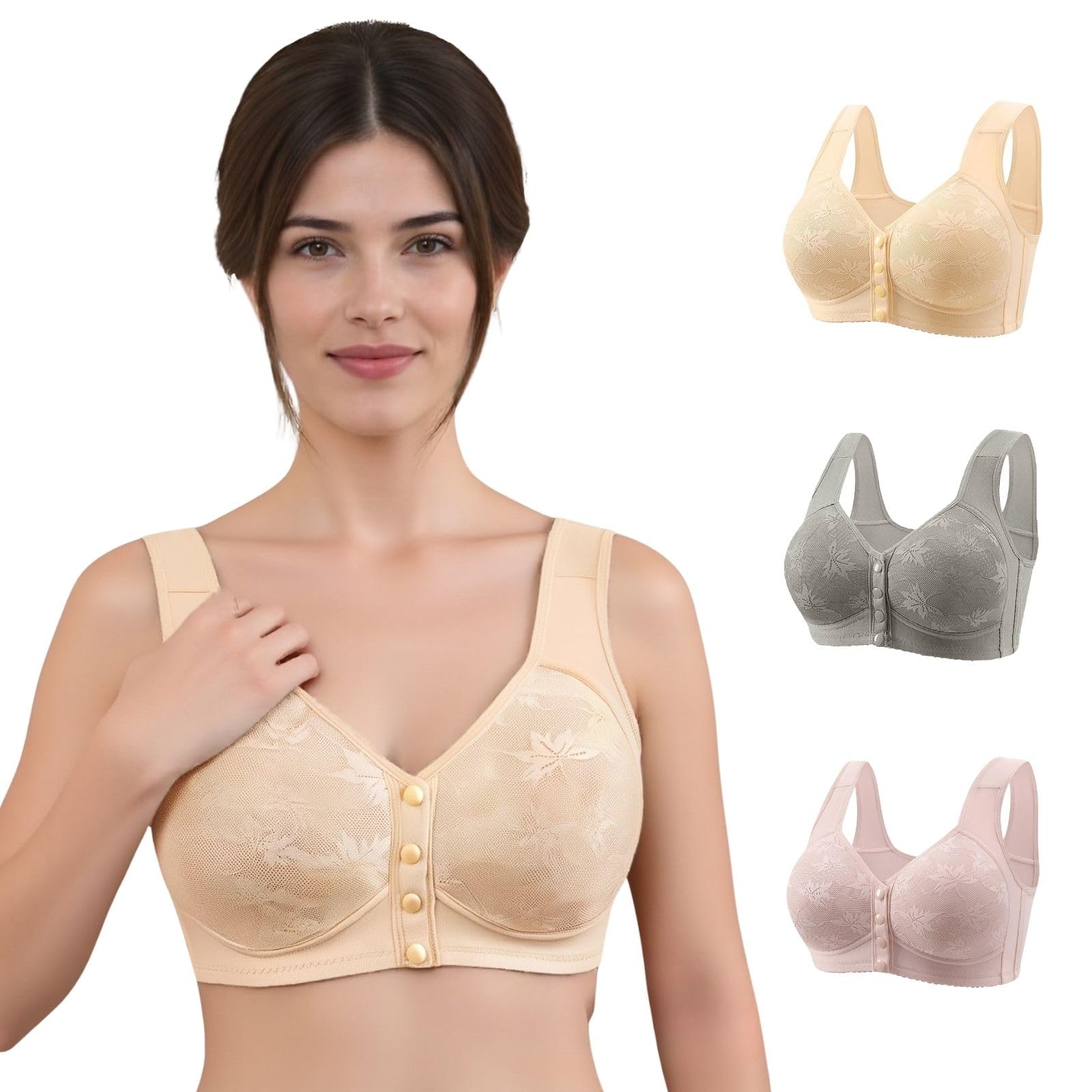 Front Closure Bras for Women 3 Pack No Underwire Front Snap Push Up Daisy Bras Full Coverage Upgraded Cotton Bralette