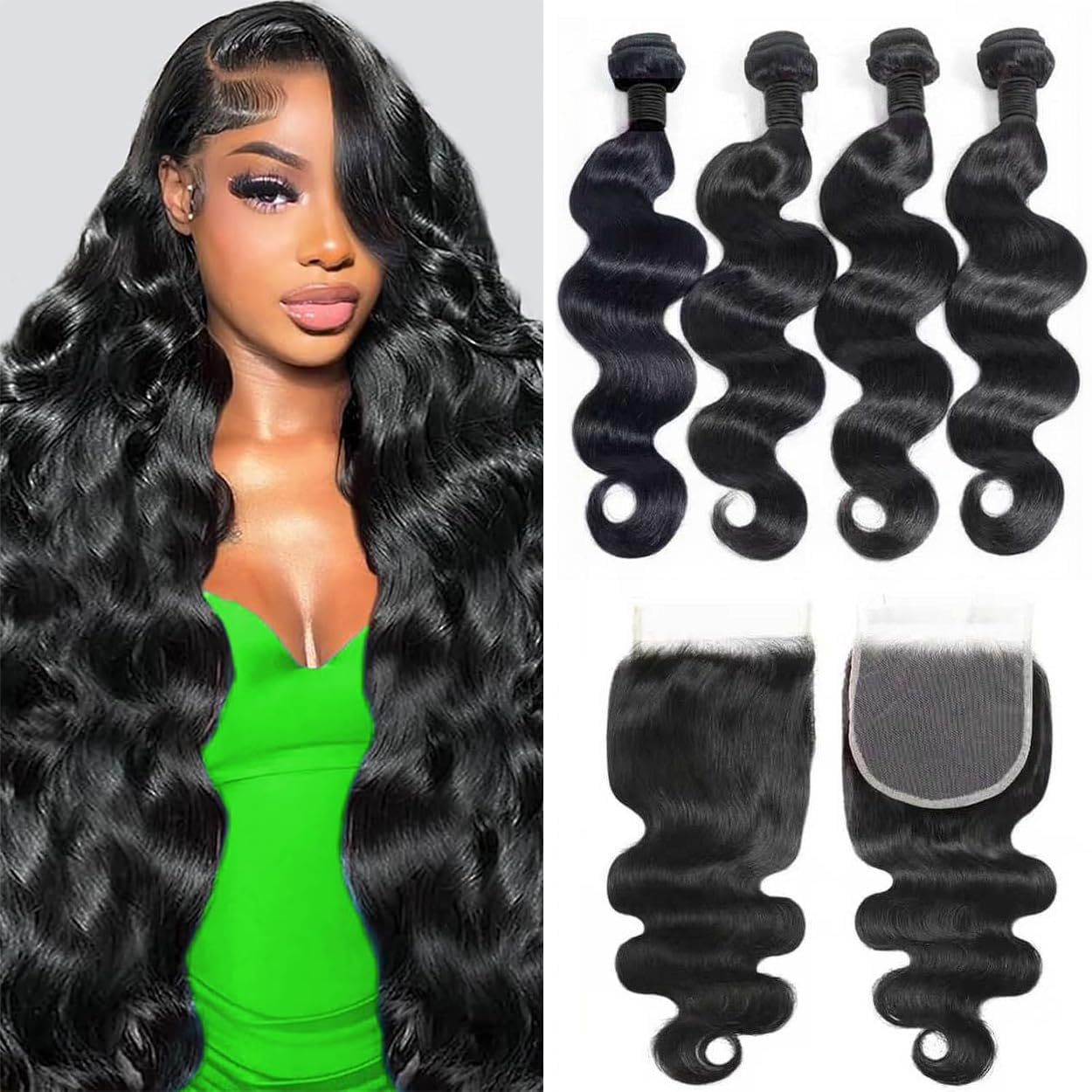 Bundles with Closure Human Hair (16 18 20 22+14) Brazilian Human Hair 4 Bundles with 5x5 HD Lace Closure Brazilian Unprocessed Virgin Hair Body Wave Bundles Natural Black
