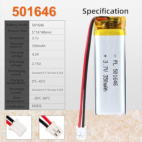 Miniatura 3 de 501646 3.7V Lipo Batería 350mAh 501646 Batería recargable de polímero de litio con conector JST PH2.0.000 in para dispositivo electrónico