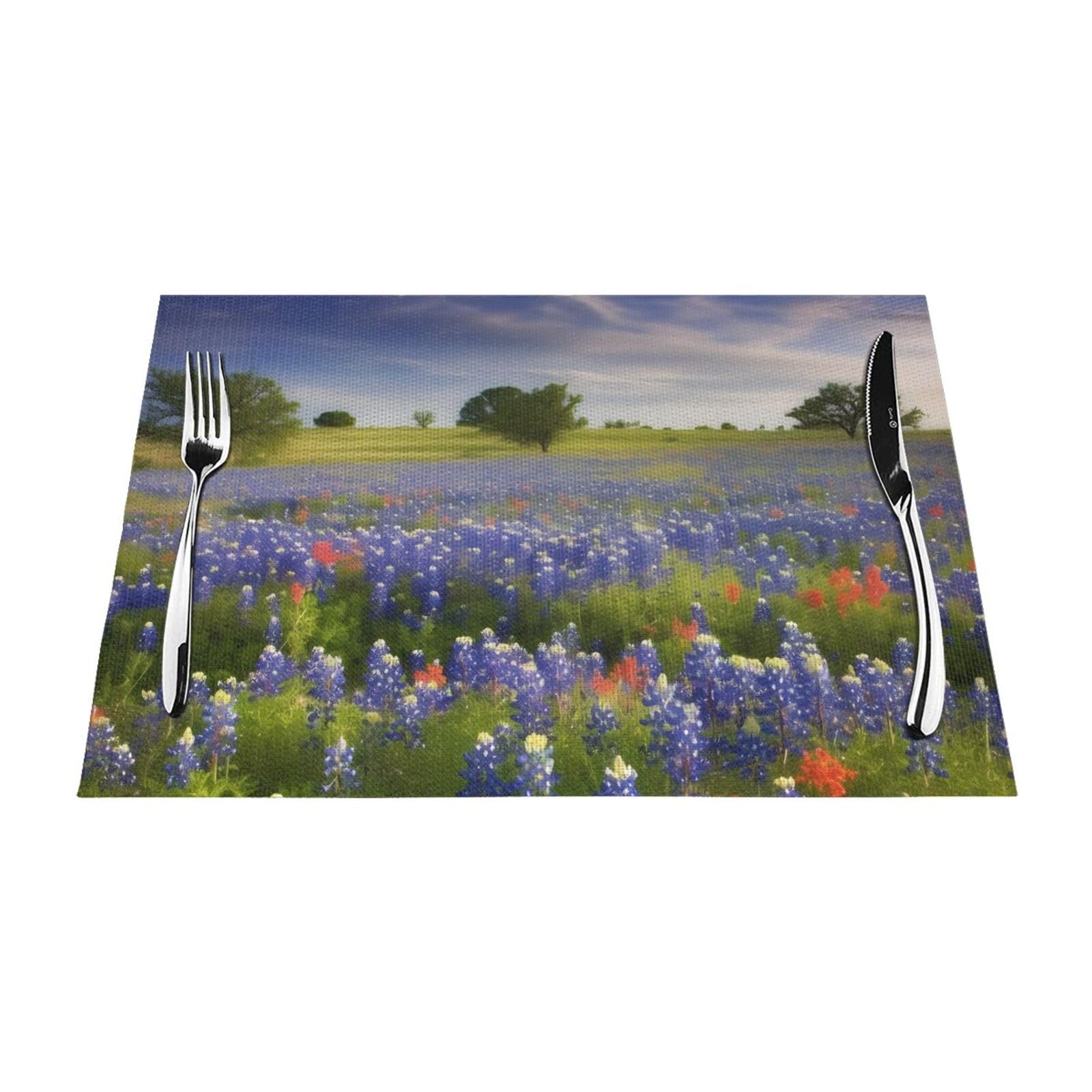 Texas Bluebonnets Scenery Placemats Set of 1 - Woven Vinyl Kitchen Table Placemats - Heat Resistant Non-Slip Place Mats for Dining Table, Washable Indoor Outdoor Table Mats 12x18 Inch