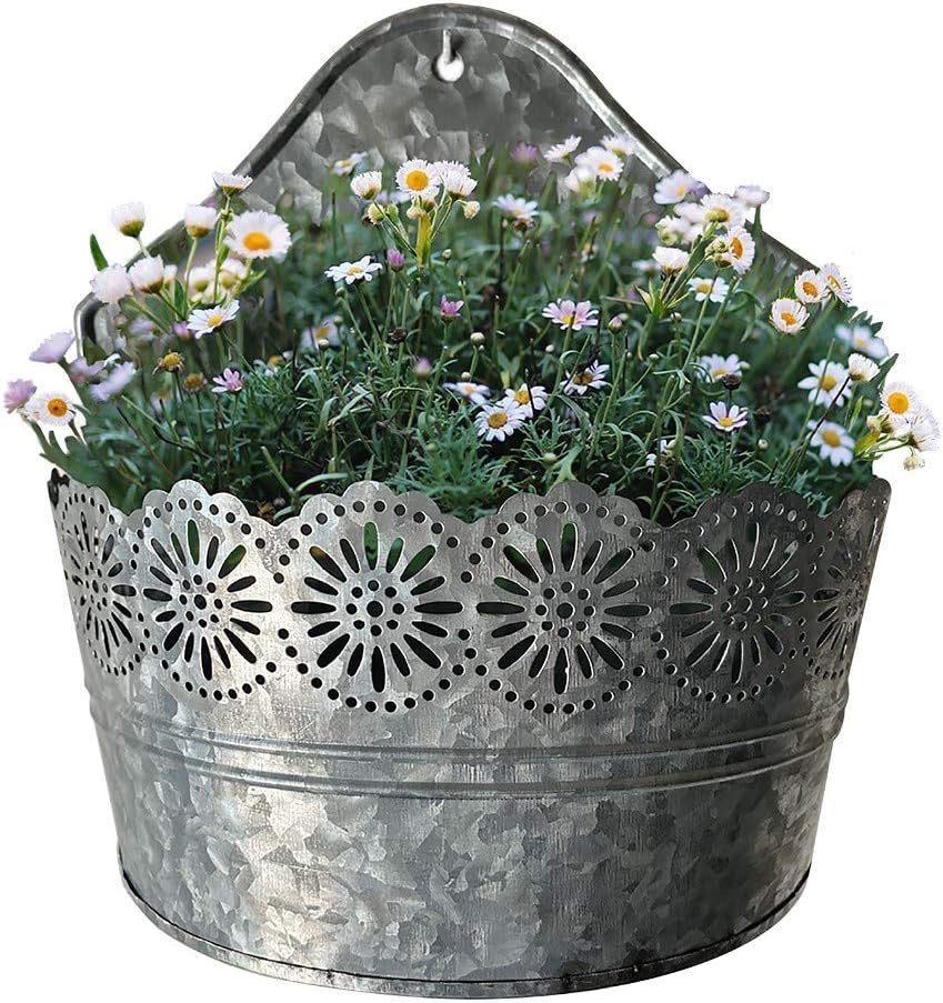 Lily's Home Indoor Outdoor Wall Mounted Planter with Floral Accents for Succulents, Cacti, Herbs, Faux Plants, Galvanized Metal. Plants Not Included