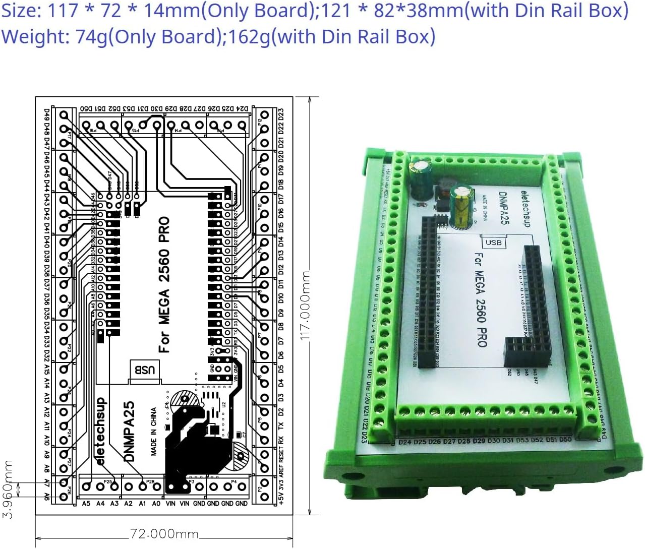 MEGA2560 PRO DIN Rail Expansion Board DC-DC 5V 2A Converter 3.96mm Mount Screw Terminal Block Adapter Module DNMPA25 for Arduino (with Rail Box, 4 apcs)