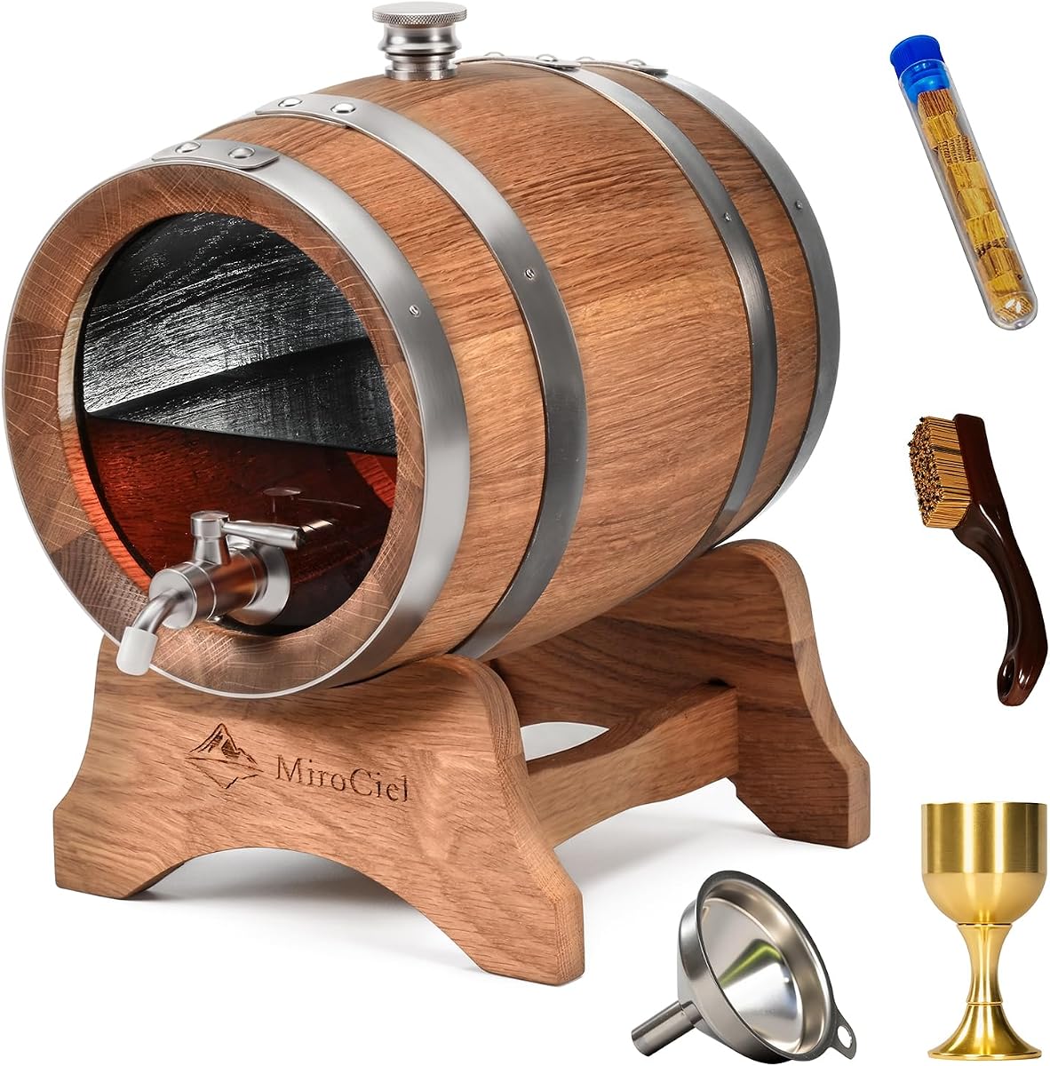 Barrica de Crianza de Roble Visualizada (3 litros) | Mini barriles de whisky de roble carbonizado con soporte, para cócteles personalizados, bourbon, whisky, tequila, ron, vino hidromiel