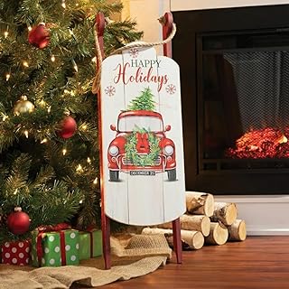 Vintage Red Truck Wood Sled Christmas Décor | Decoration Ready to Hang in Kitchen Family or Living Room | 31" x 10"