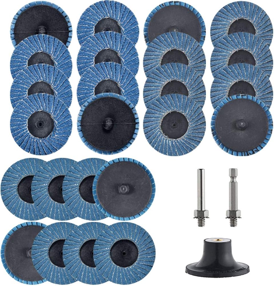 Tshya 24 Pcs 2 inch Roll Lock Flap Discs with 1/4" Holder Die Grinder Attachments T27 Zirconia Flat 36/60/80 Grit Grinding Wheels for Surface Prep