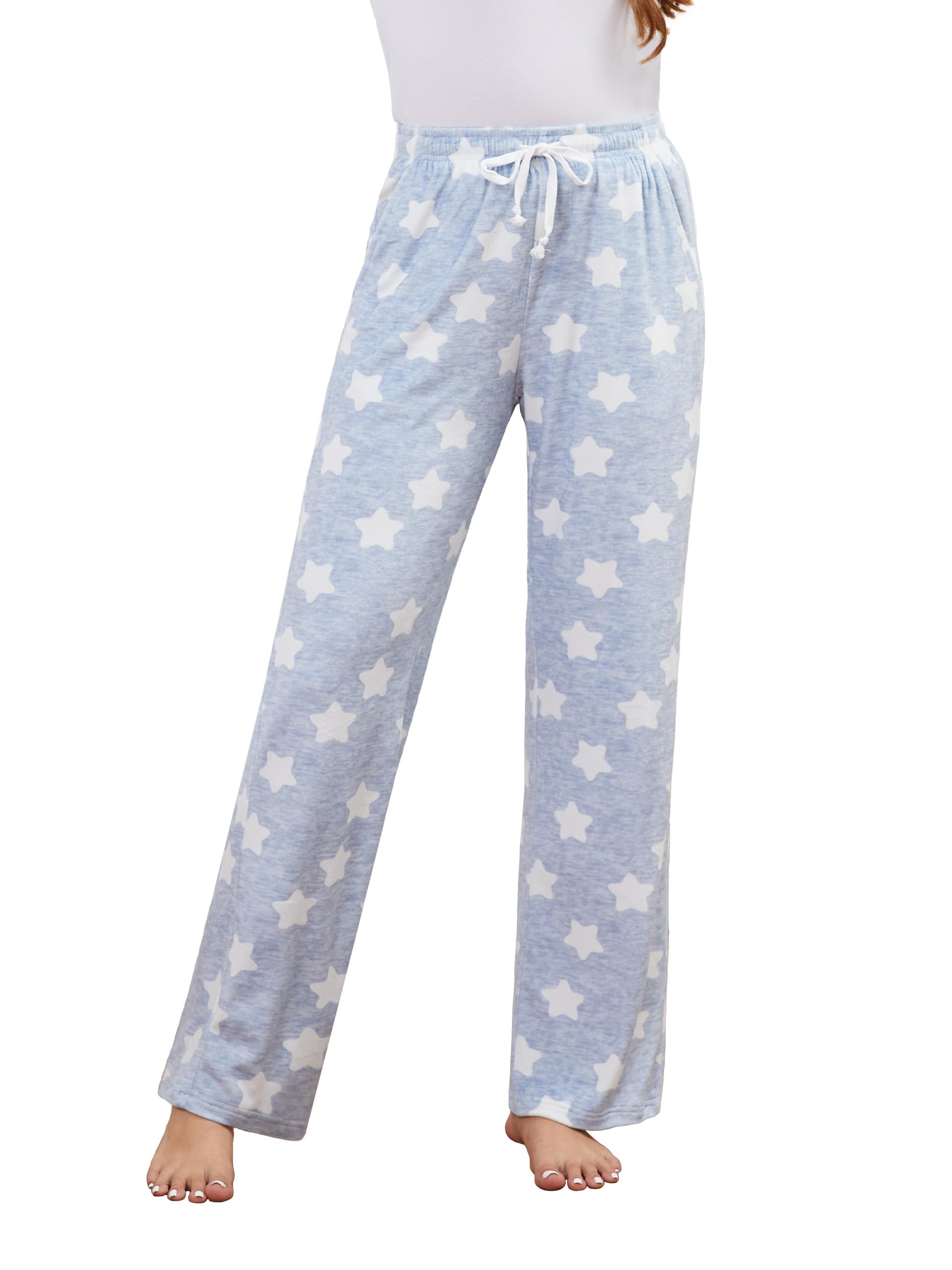Tall Women's 32"/34"/36" Inseam Flannel Pajama Pants Stretch Drawstring Waist Lounge Sleep Bottoms with Pockets — Grey-blue Stars by Amazon